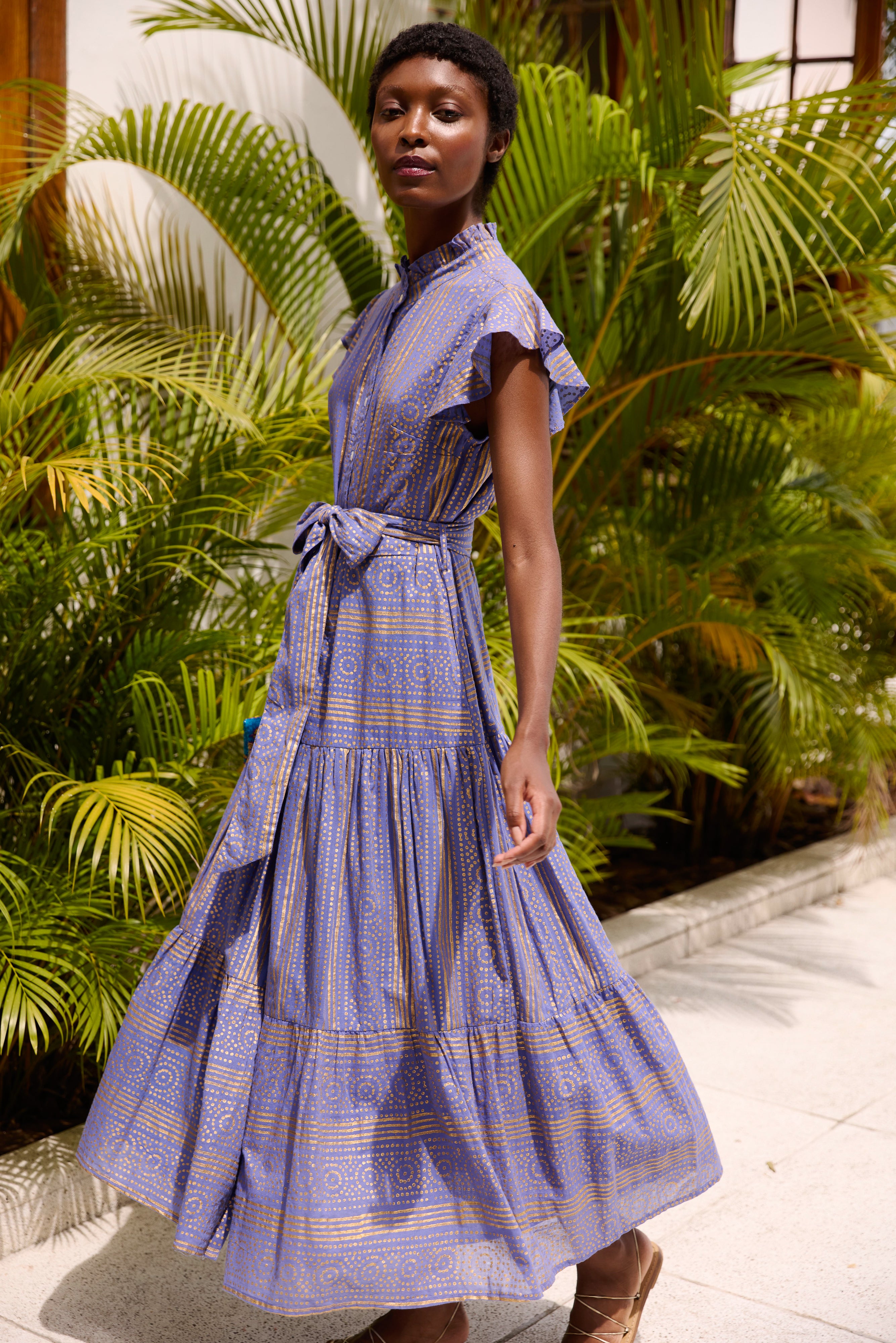 Ruffle Collar Button Maxi- Helene Blue