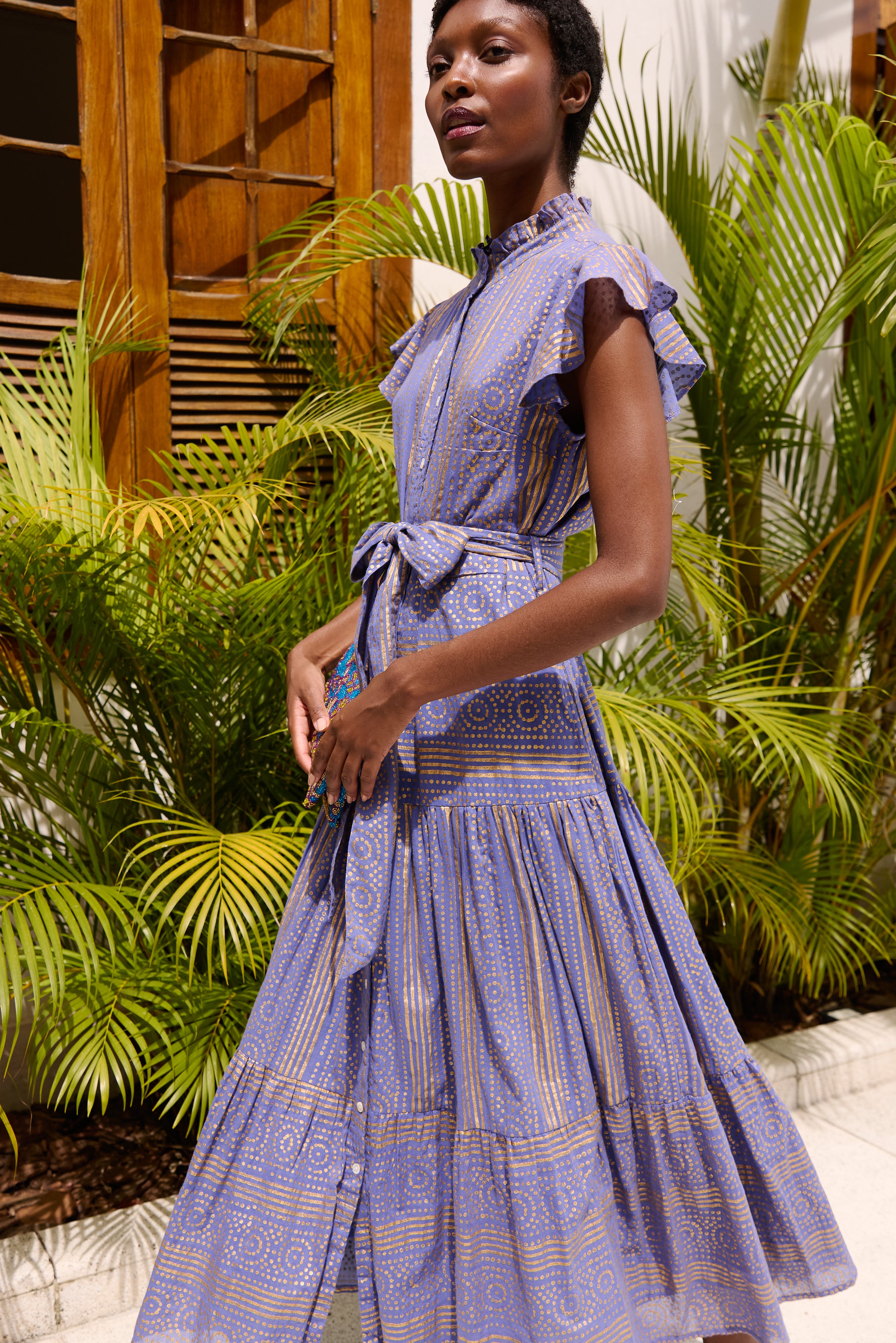 Ruffle Collar Button Maxi- Helene Blue