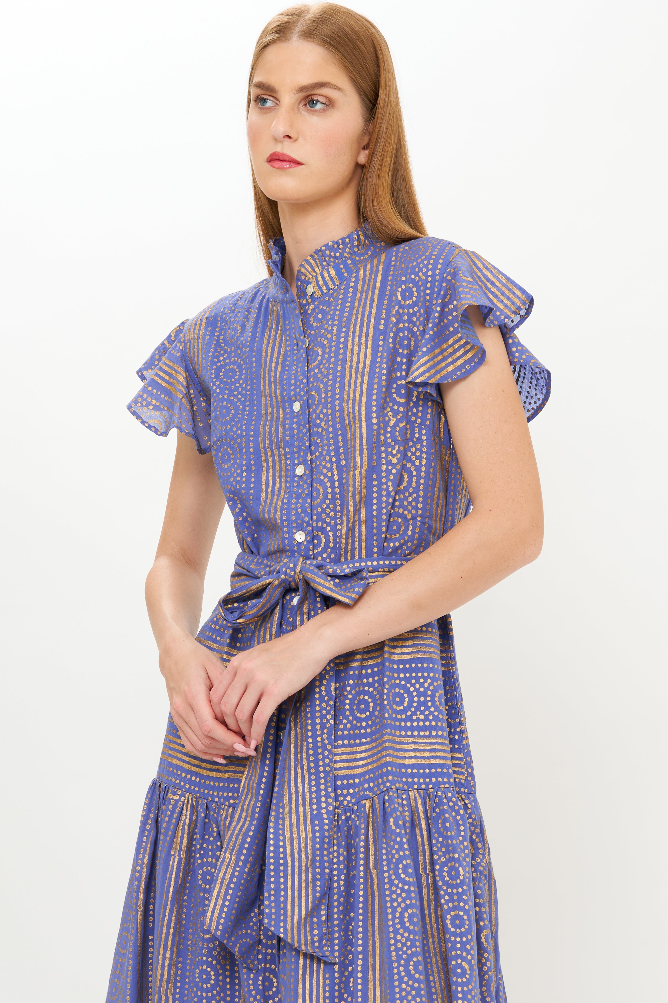 Ruffle Collar Button Maxi- Helene Blue