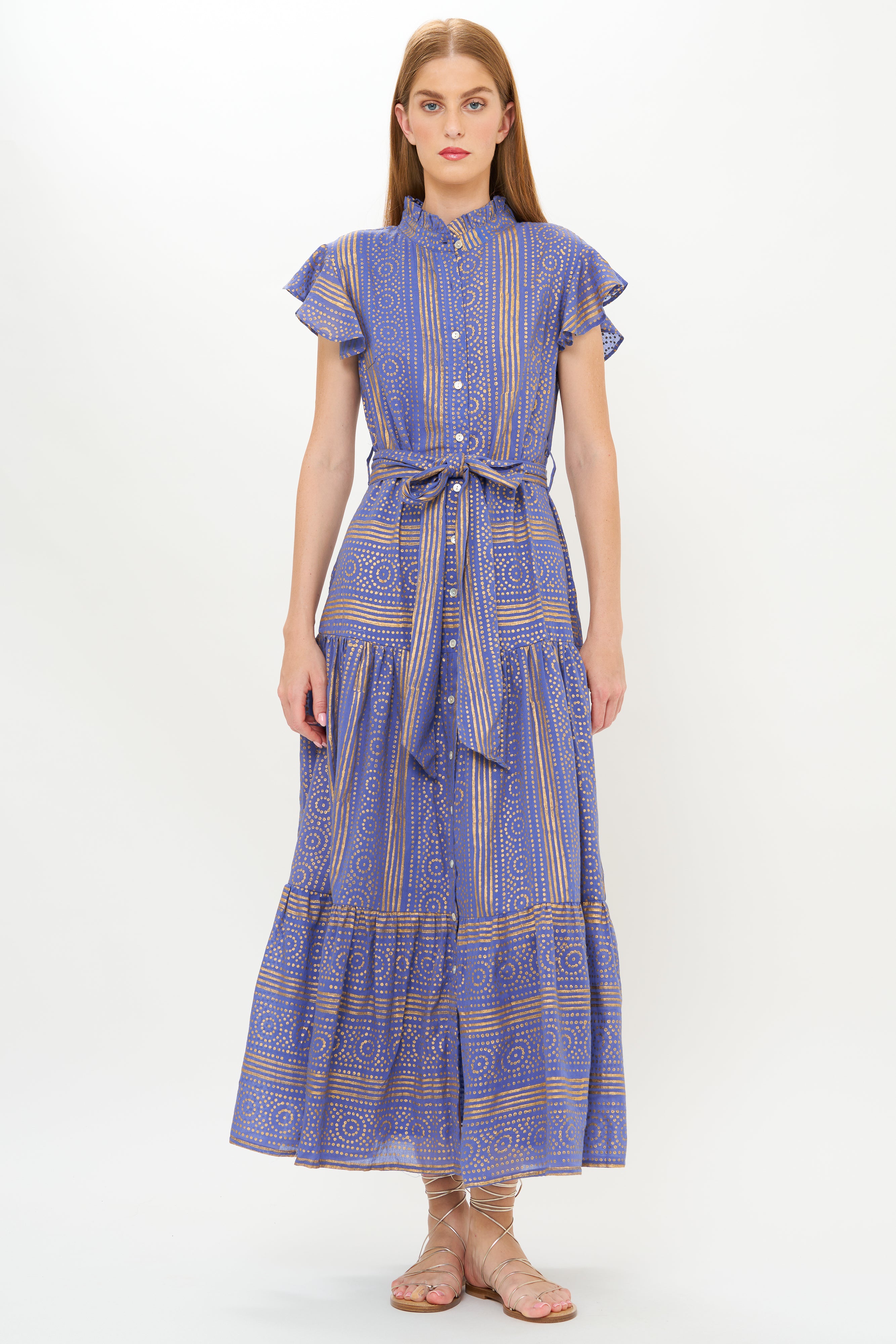 Ruffle Collar Button Maxi- Helene Blue