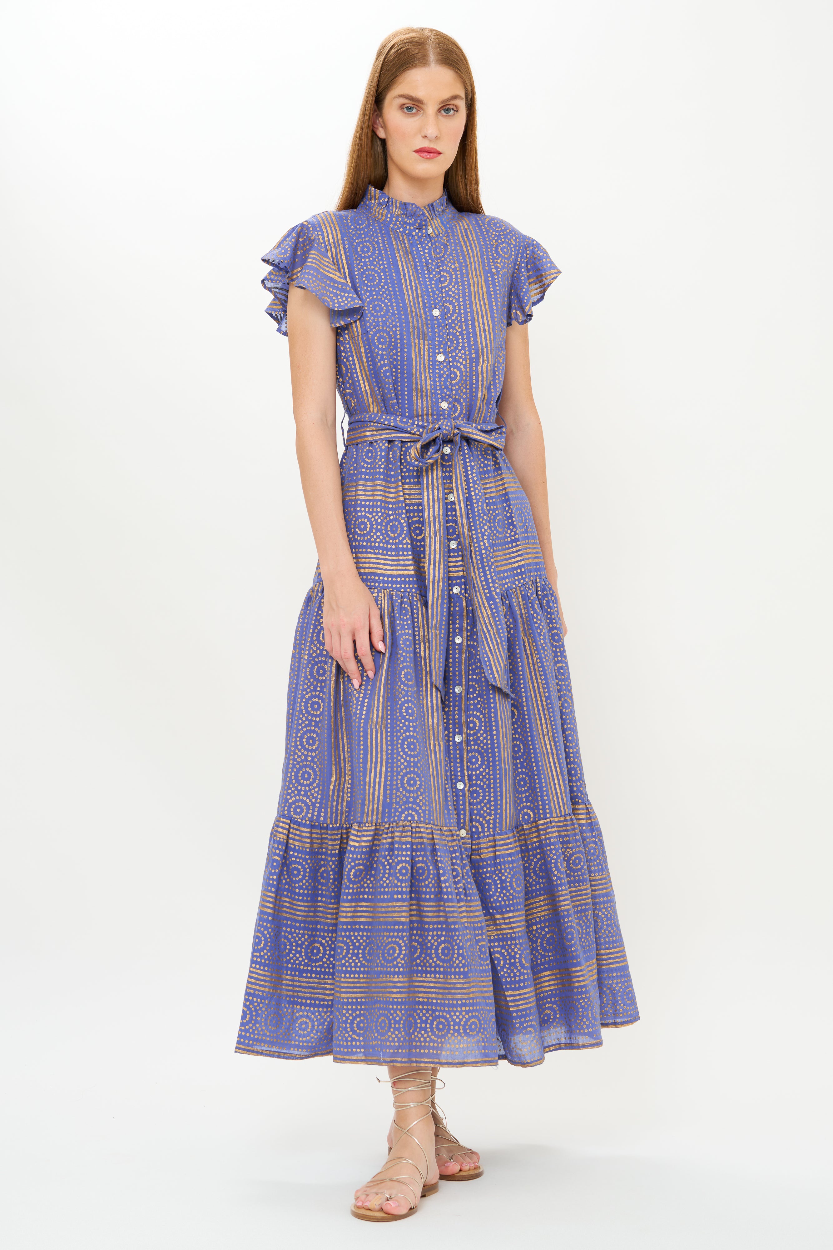 Ruffle Collar Button Maxi- Helene Blue