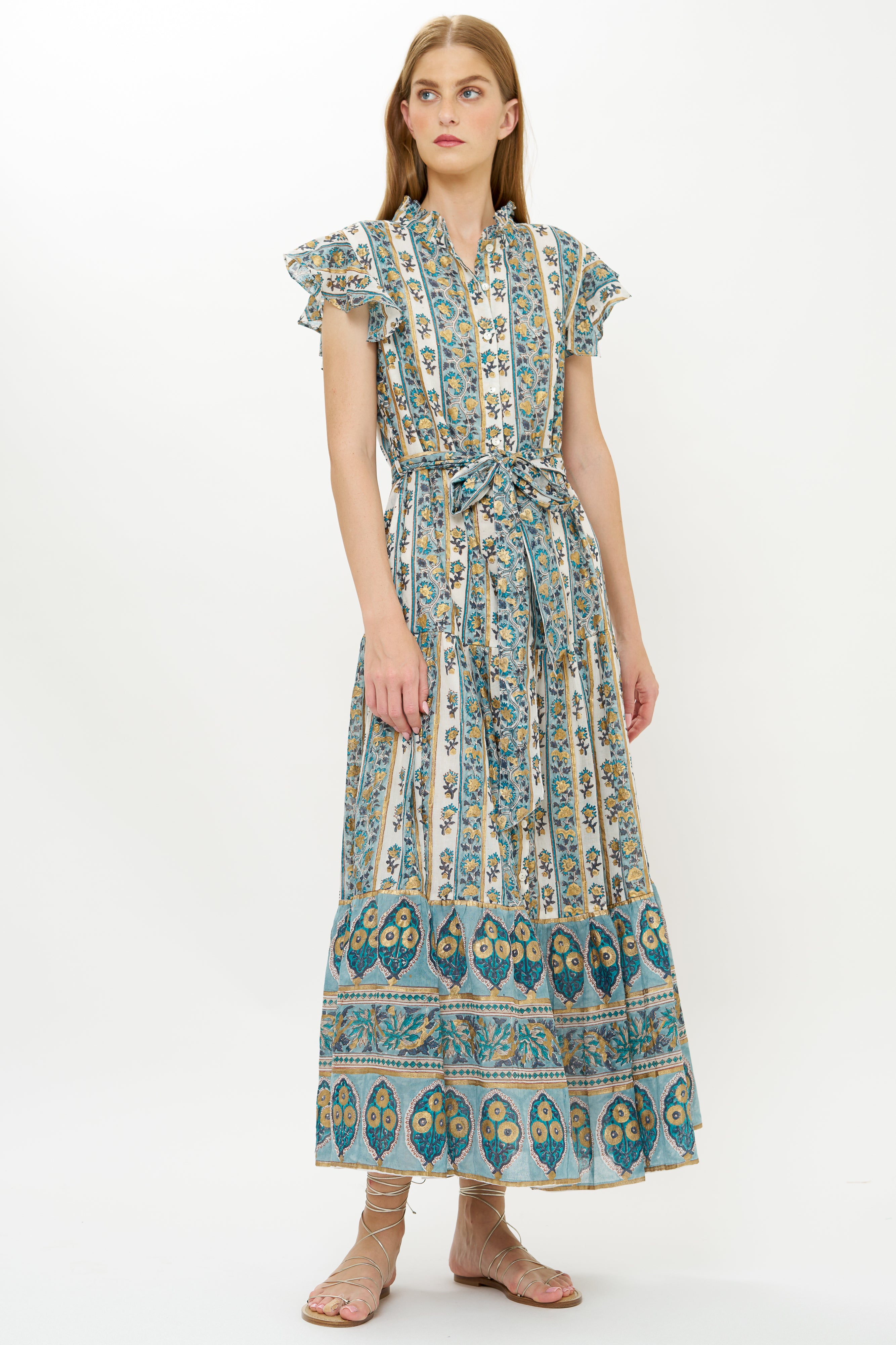 Ruffle Collar Button Maxi- Taj Blue