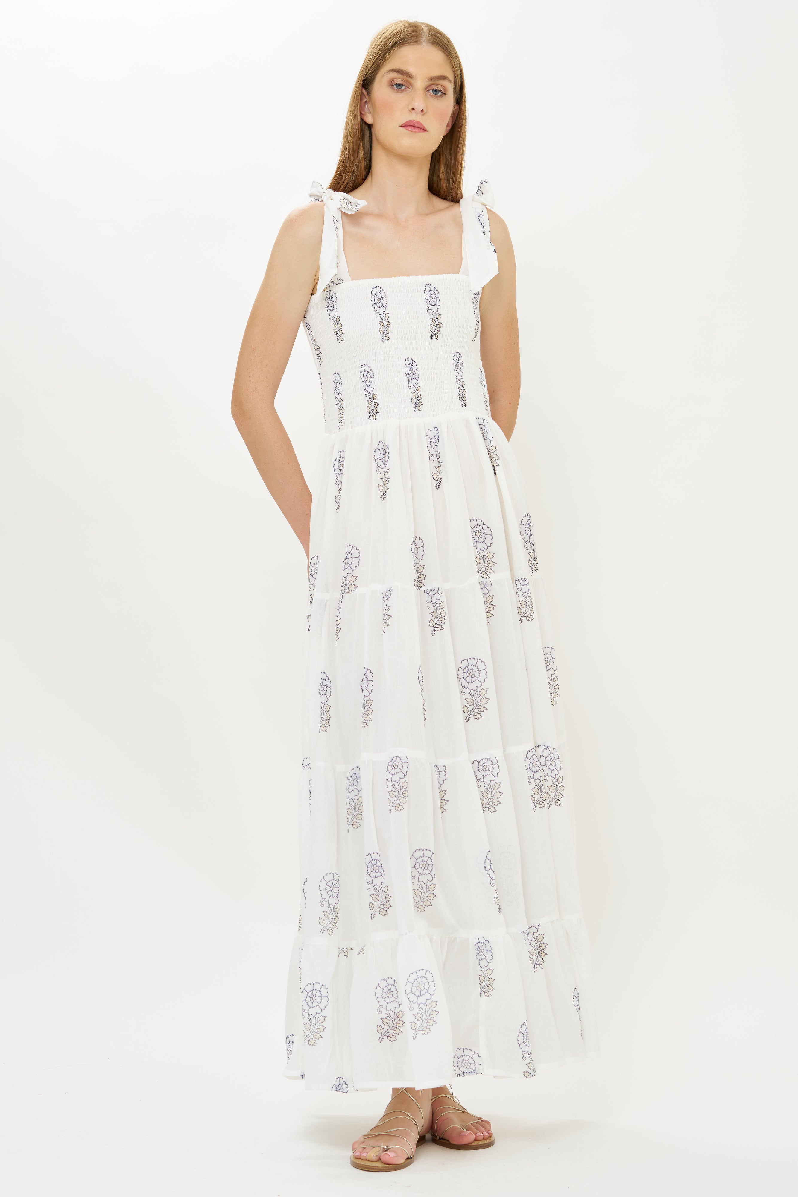 Wide Strap Smocked Maxi- Leela Sky