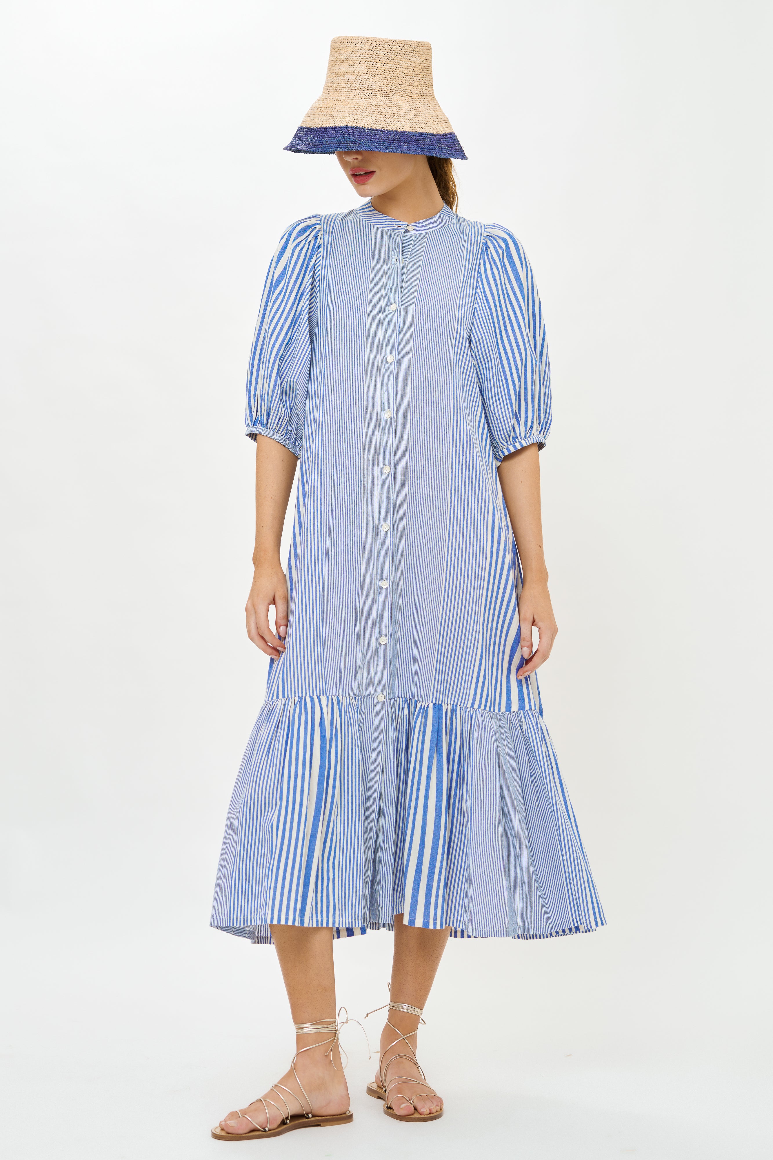 Button Puff Midi- Henley Blue