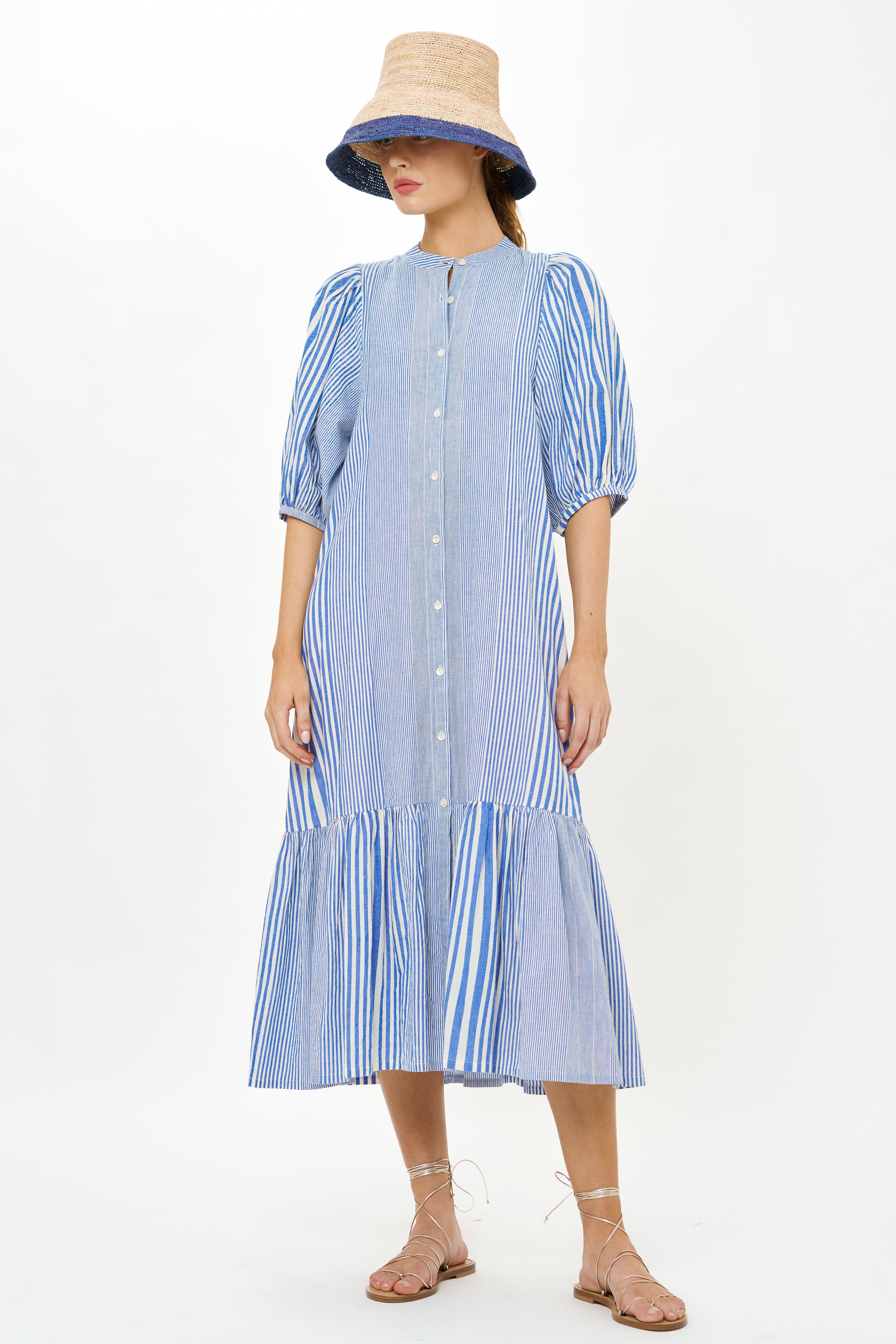 Button Puff Midi- Henley Blue