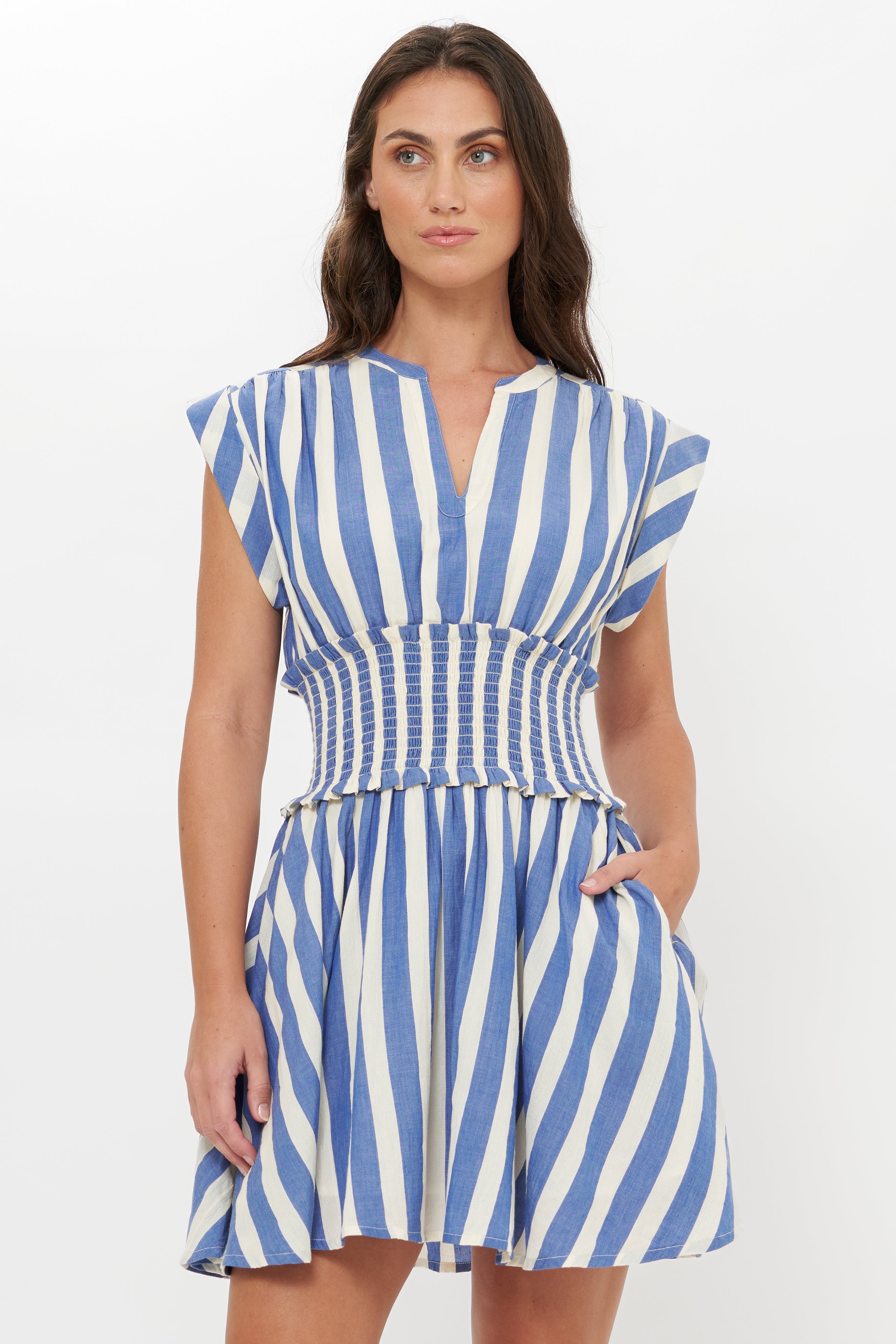 Smocked Waist Roll Sleeve- Solana Blue