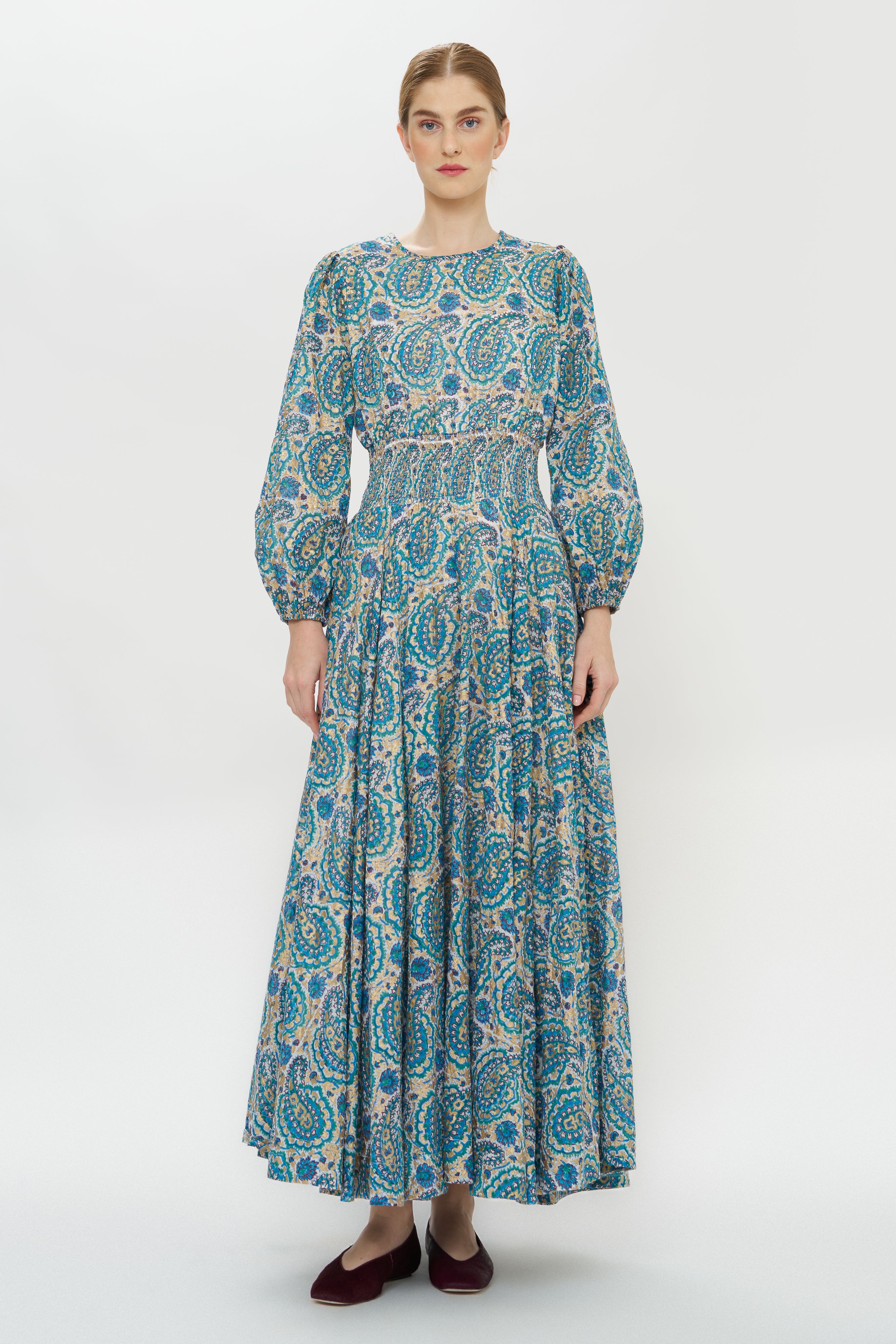 Smocked Waist Crewneck Maxi- Izmir Teal