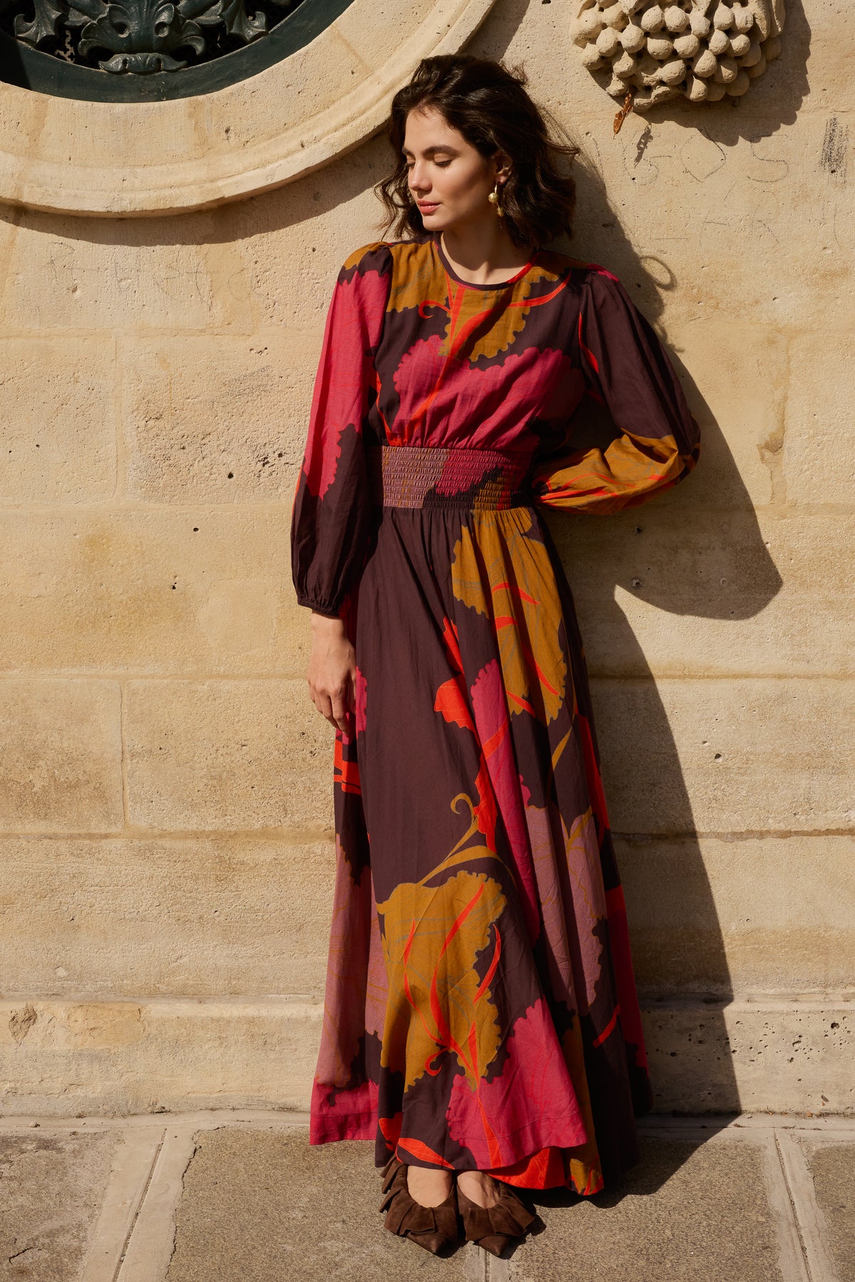 Smocked Waist Crewneck Maxi- Hague Brown