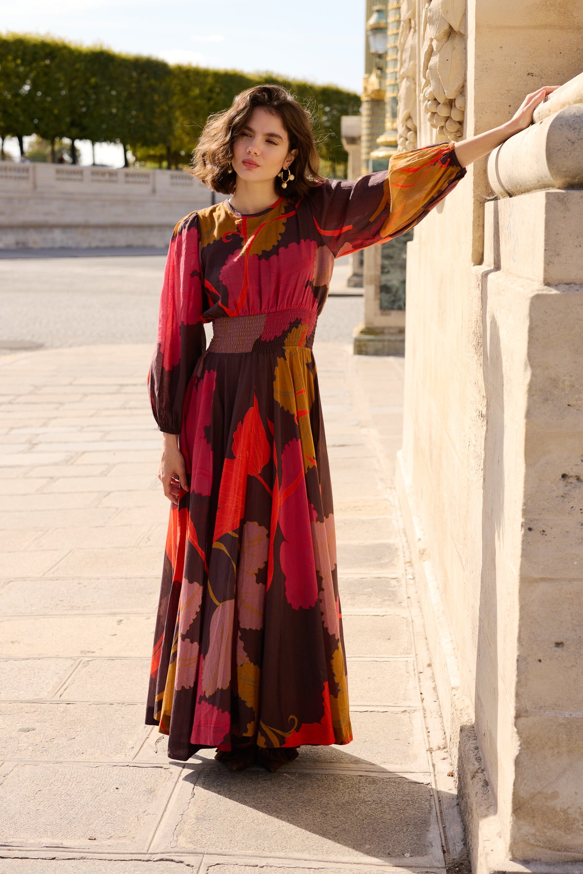 Smocked Waist Crewneck Maxi- Hague Brown
