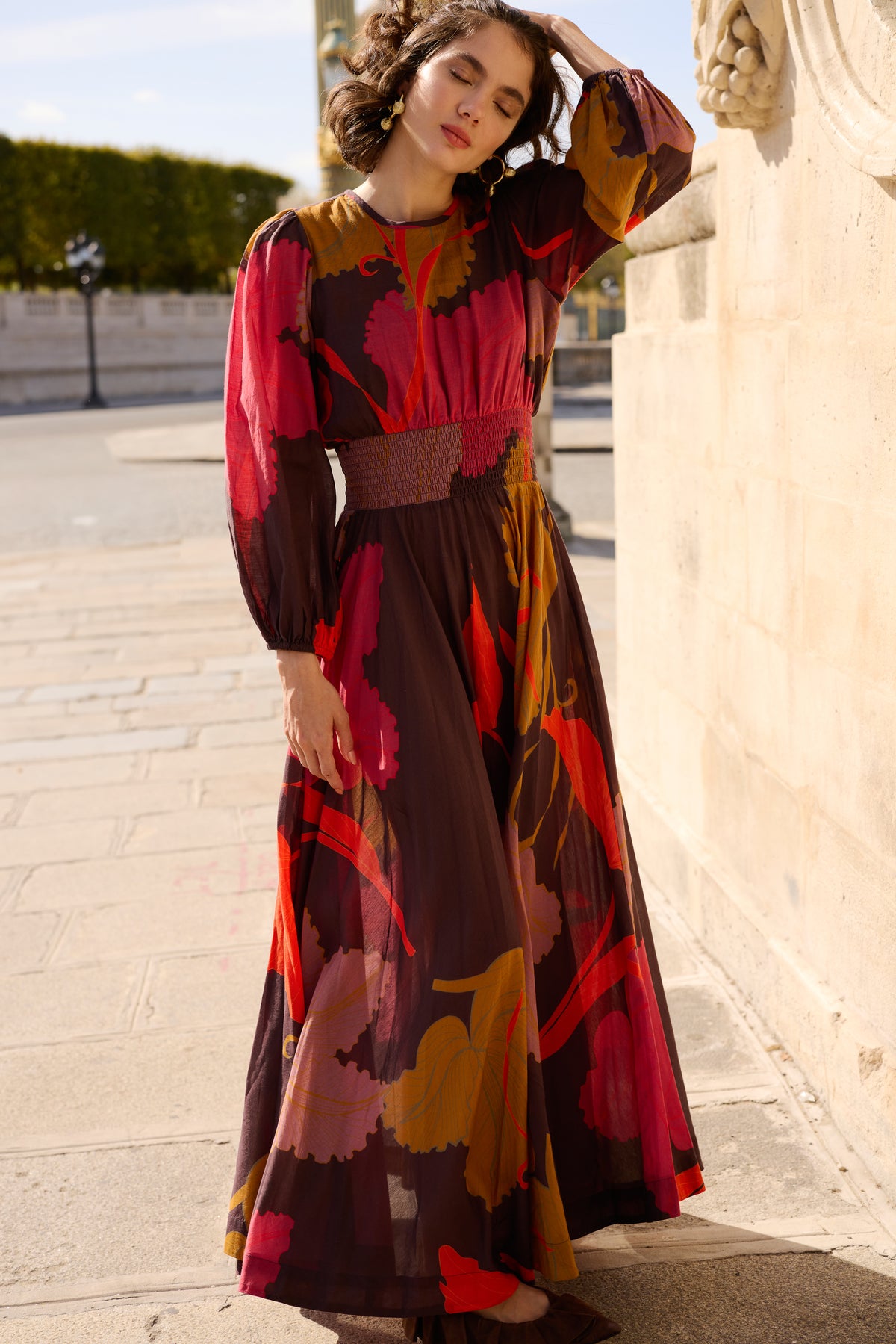 Smocked Waist Crewneck Maxi- Hague Brown