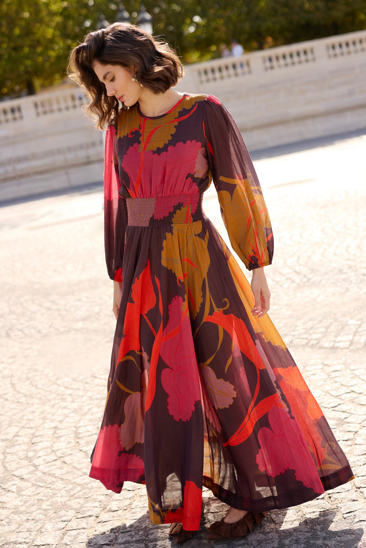 Smocked Waist Crewneck Maxi- Hague Brown