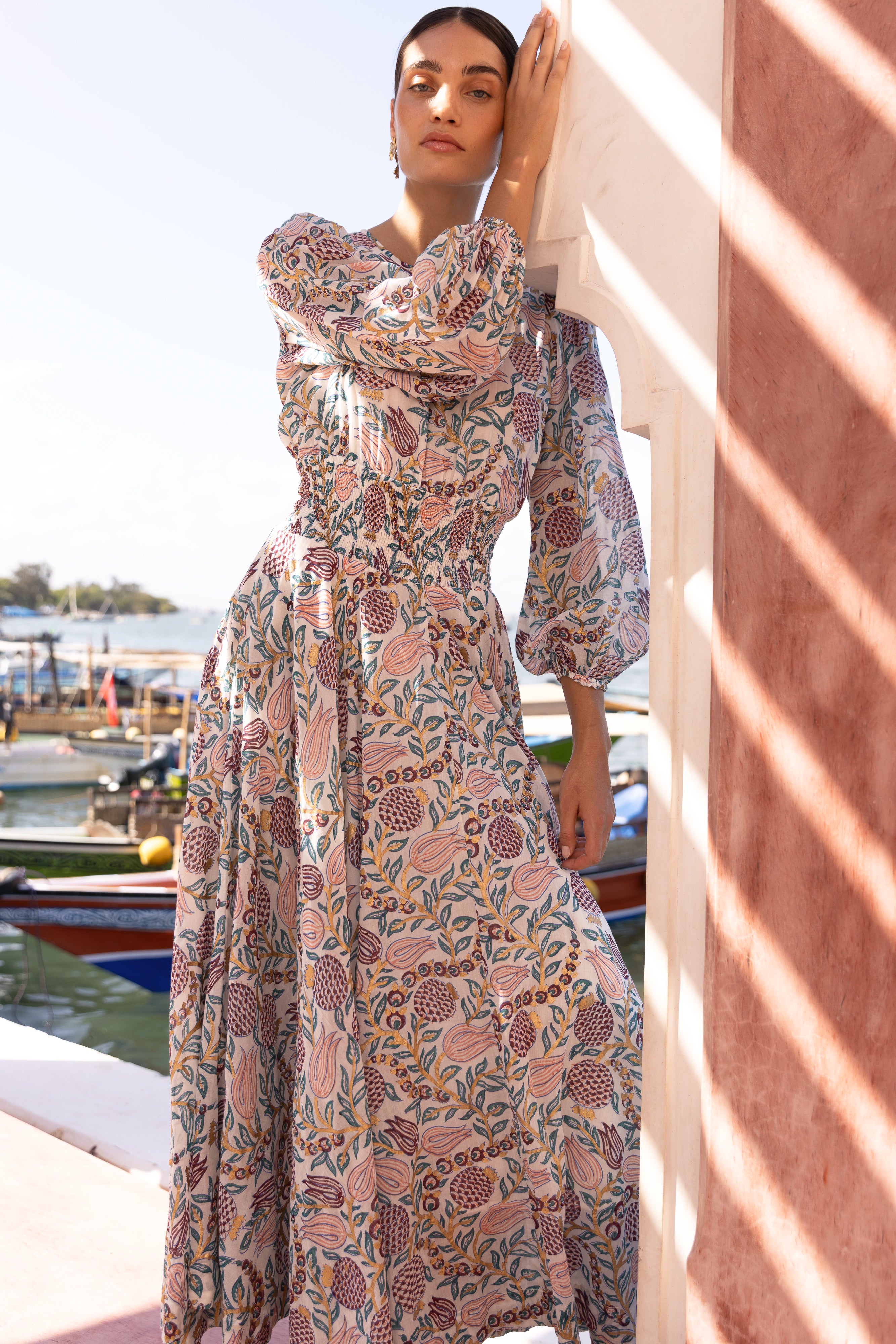 Smocked Waist Crew Neck Maxi- Tupi Teal