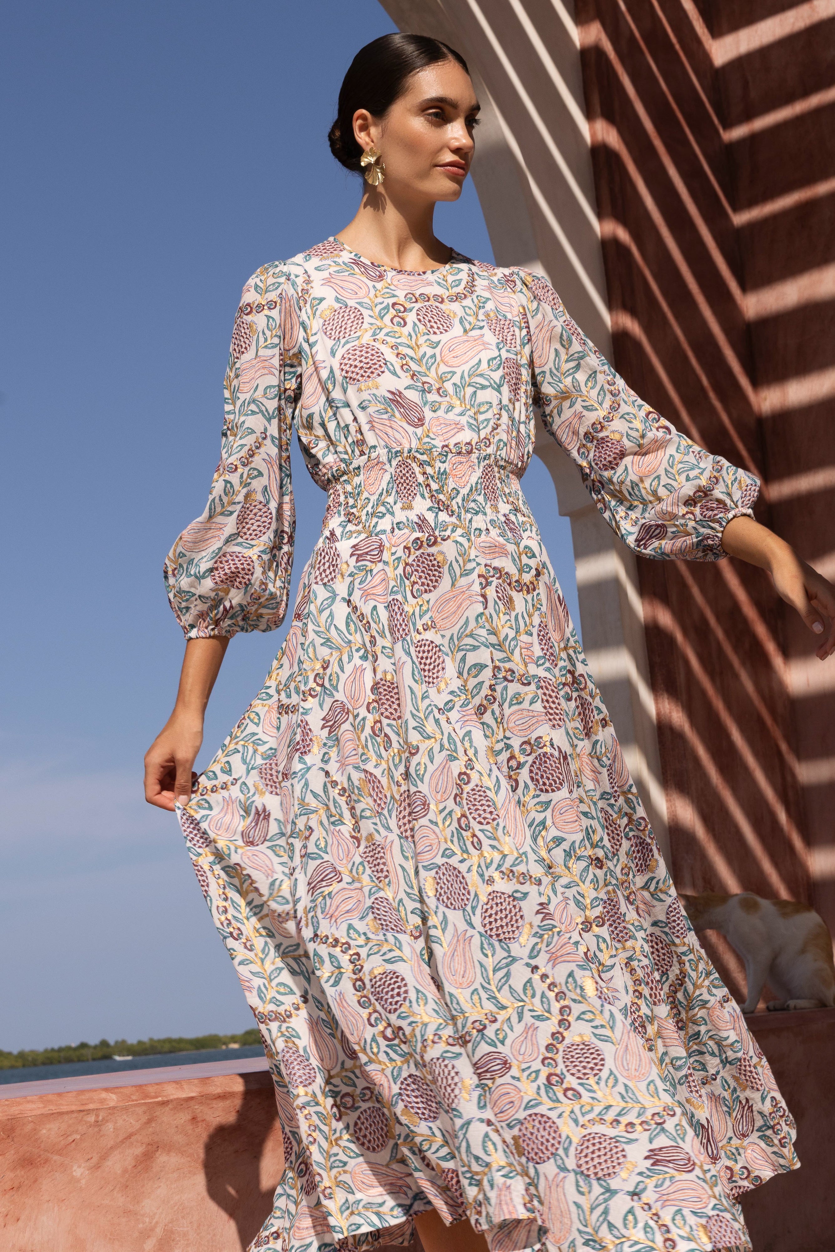 Smocked Waist Crew Neck Maxi- Tupi Teal