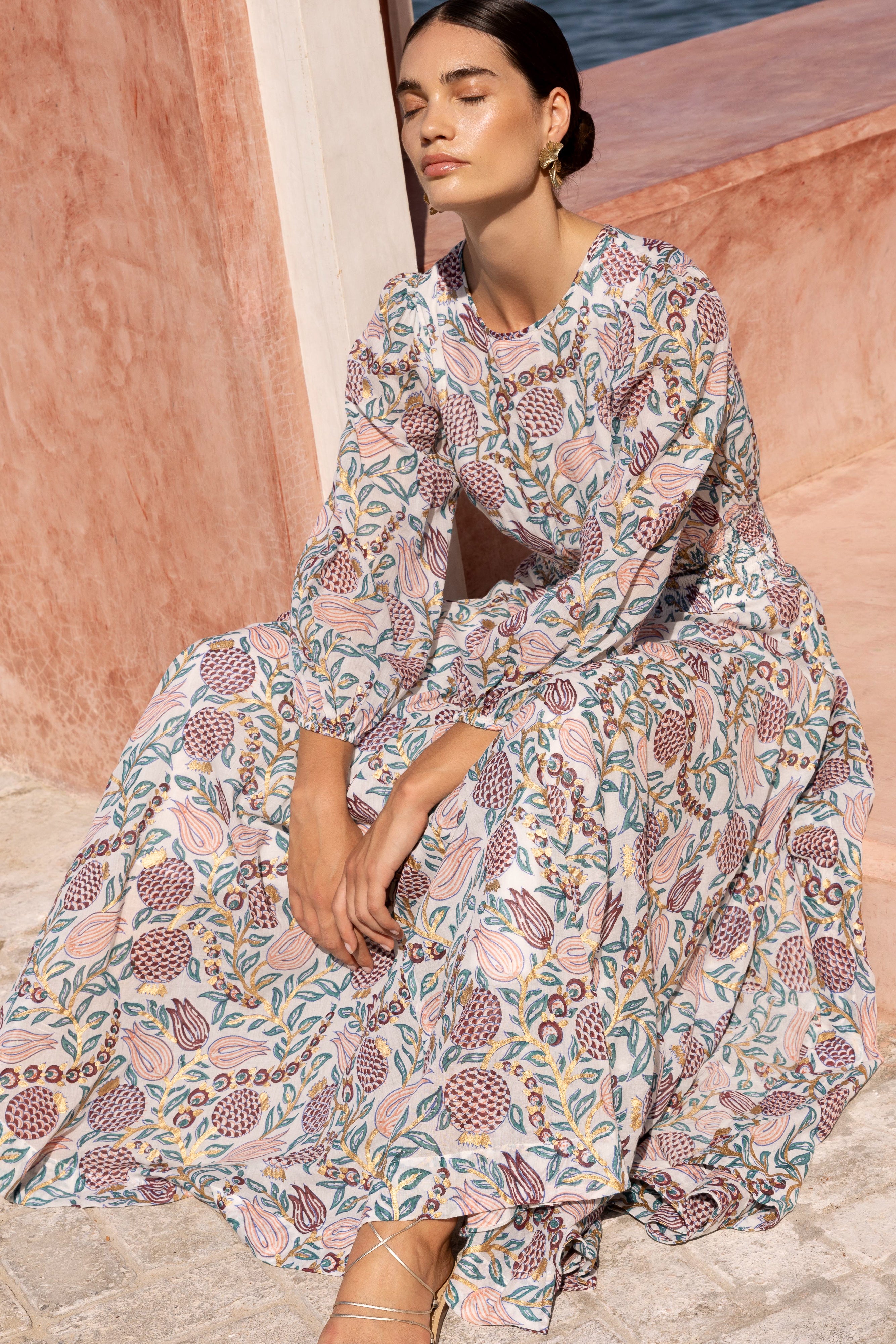 Smocked Waist Crew Neck Maxi- Tupi Teal