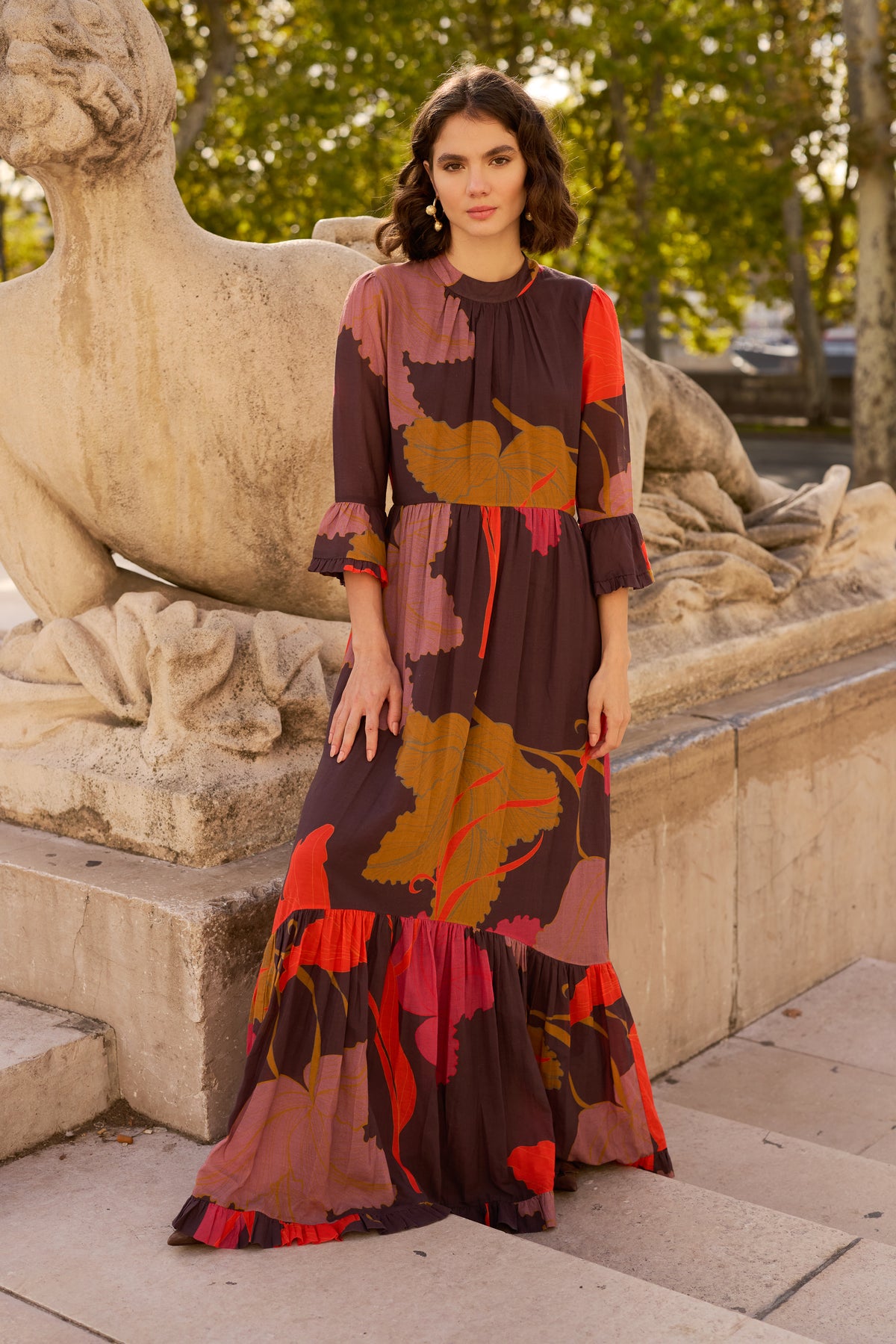 High Neck Bell Maxi- Hague Brown