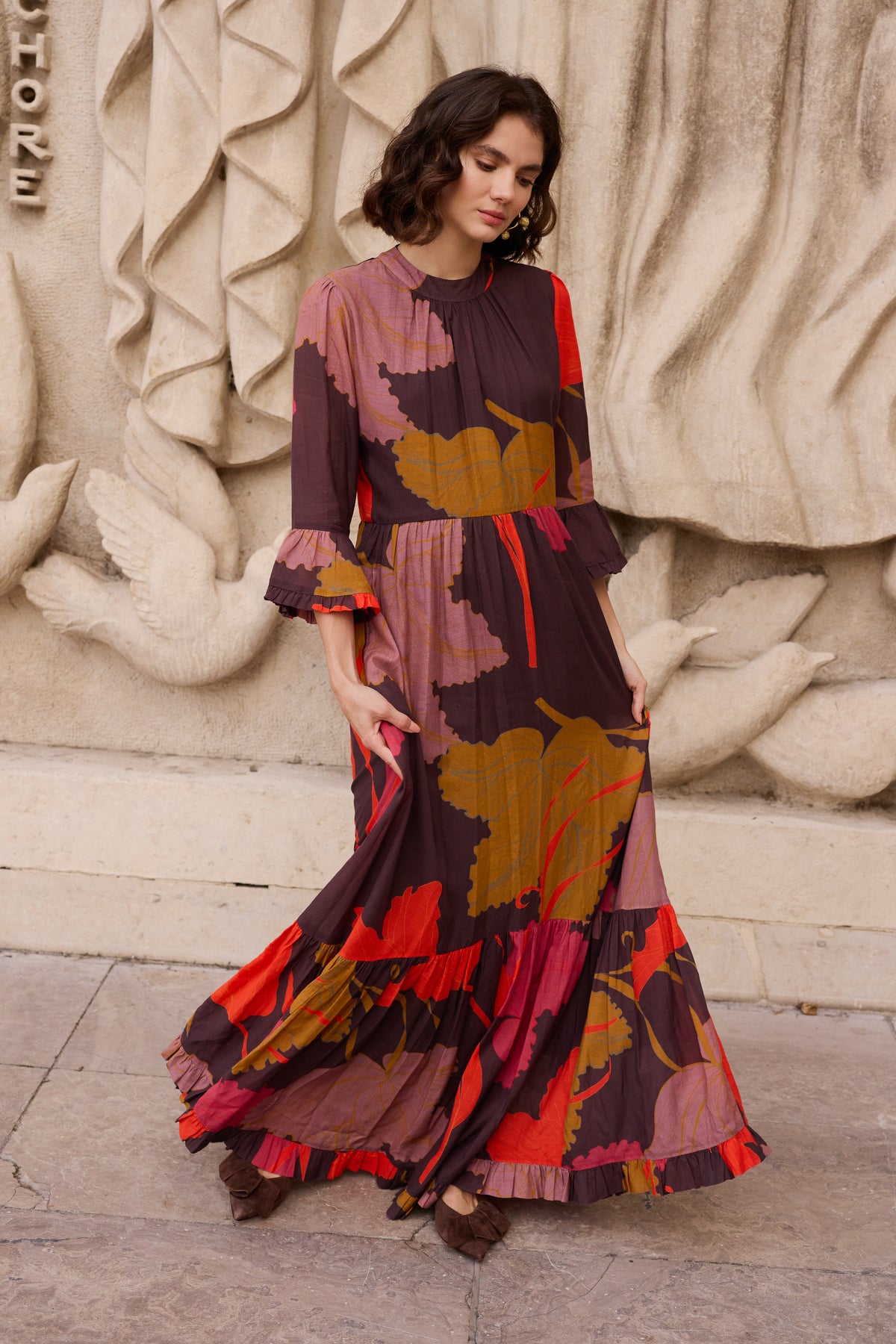 High Neck Bell Maxi- Hague Brown