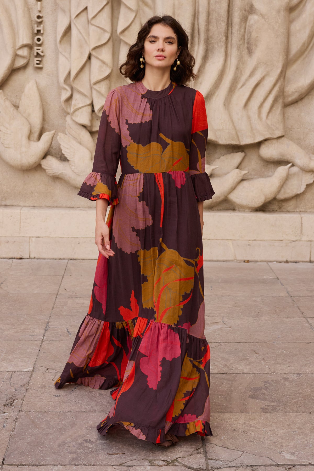 High Neck Bell Maxi- Hague Brown