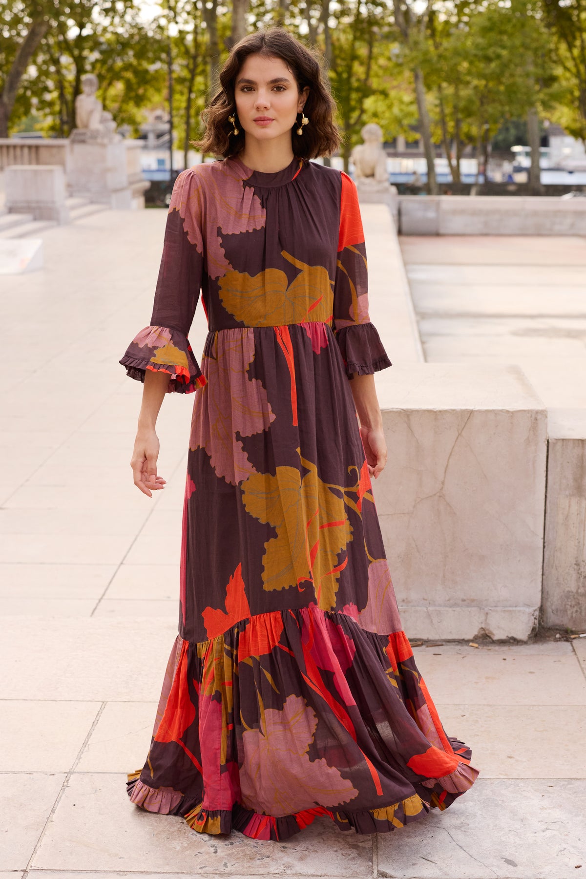 High Neck Bell Maxi- Hague Brown