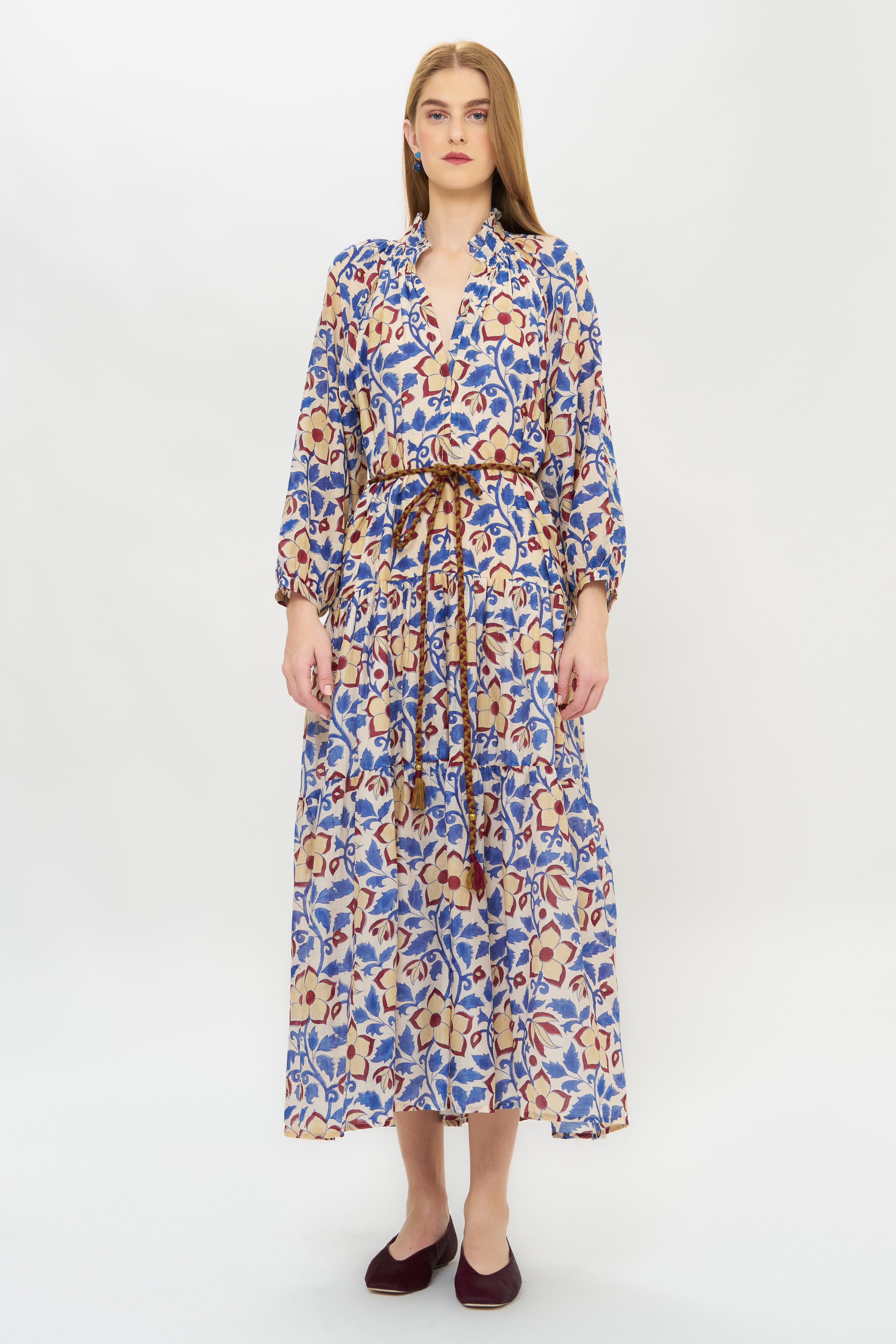 Cuff Sleeve Tie Waist Maxi- Kildare Blue