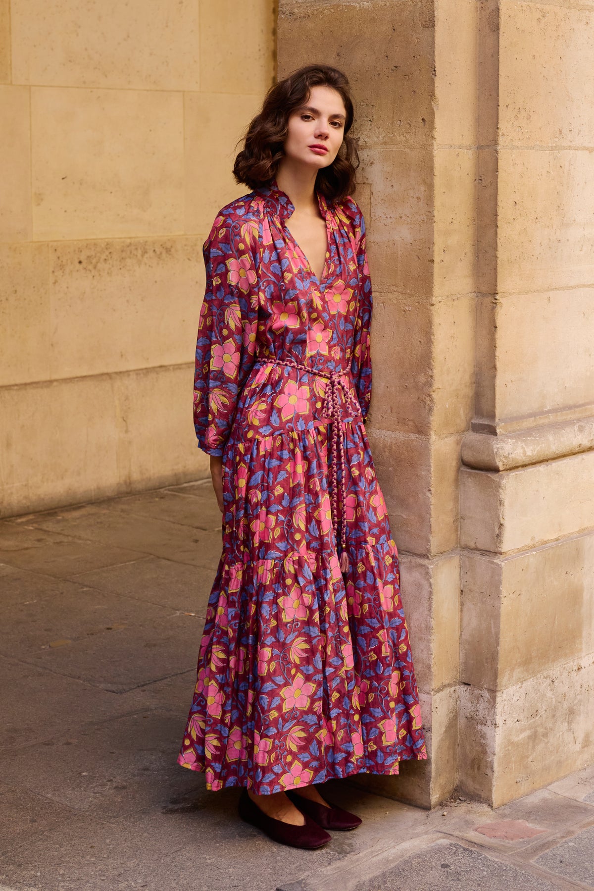 Cuff Sleeve Tie Waist Maxi- Kildare Plum
