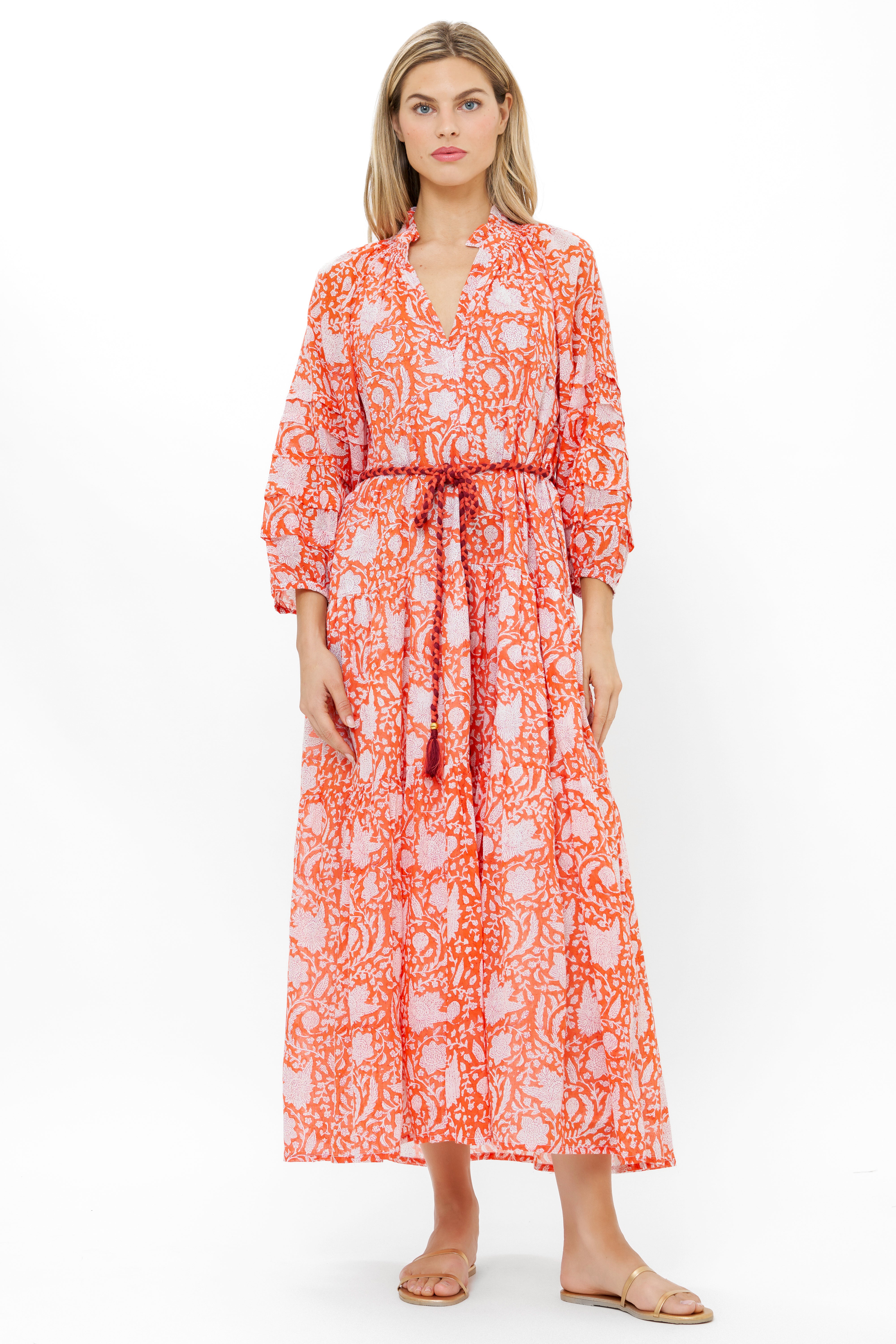 Cuff Sleeve Tie Waist Maxi- Ivy Orange