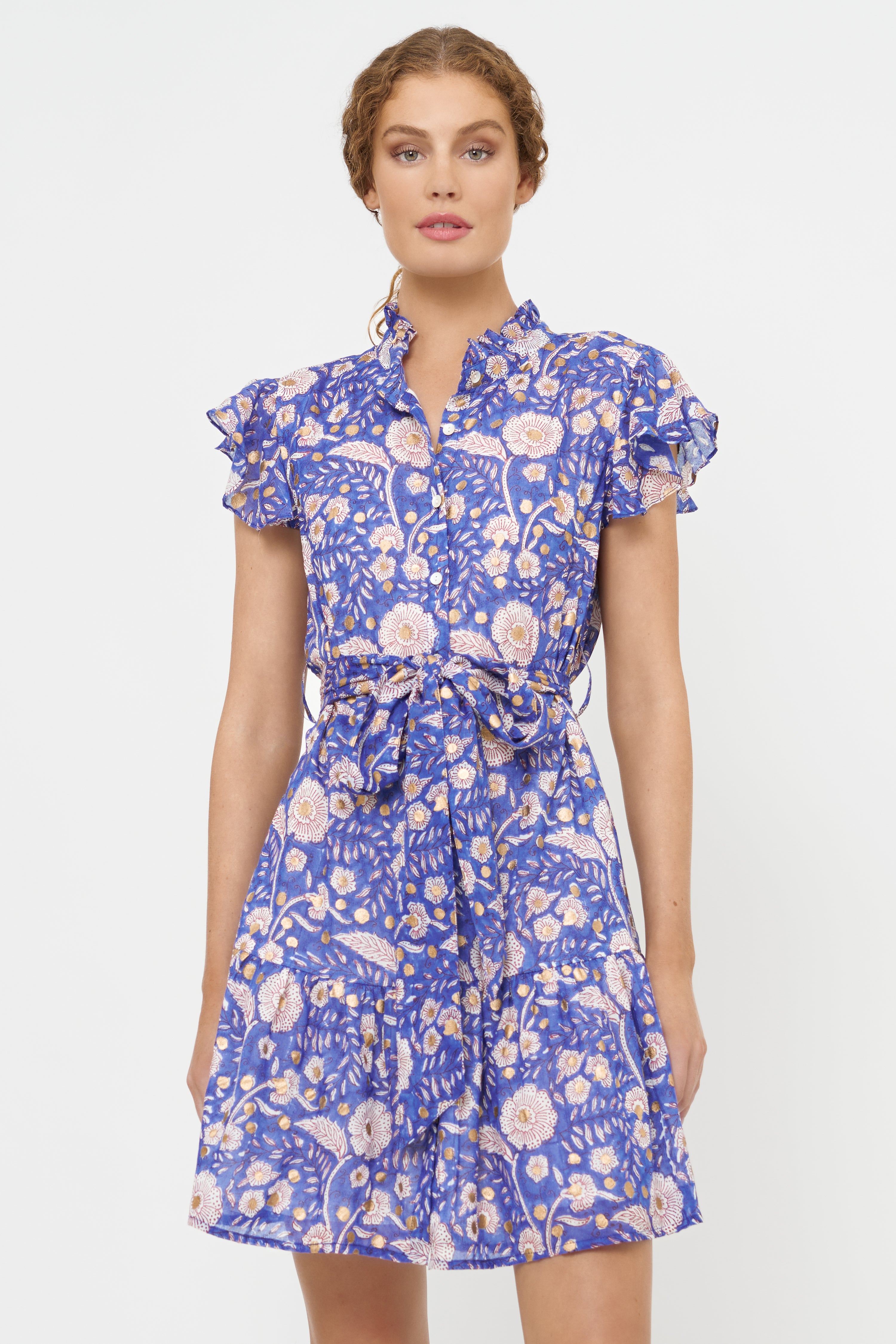 Ruffle Collar Button Mini- Carolina Cobalt