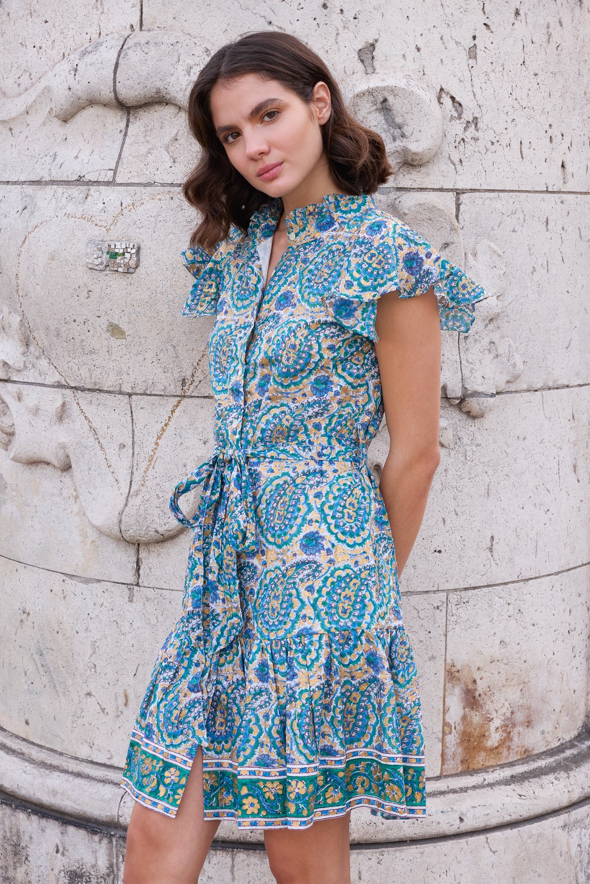 Ruffle Collar Button Mini- Izmir Teal