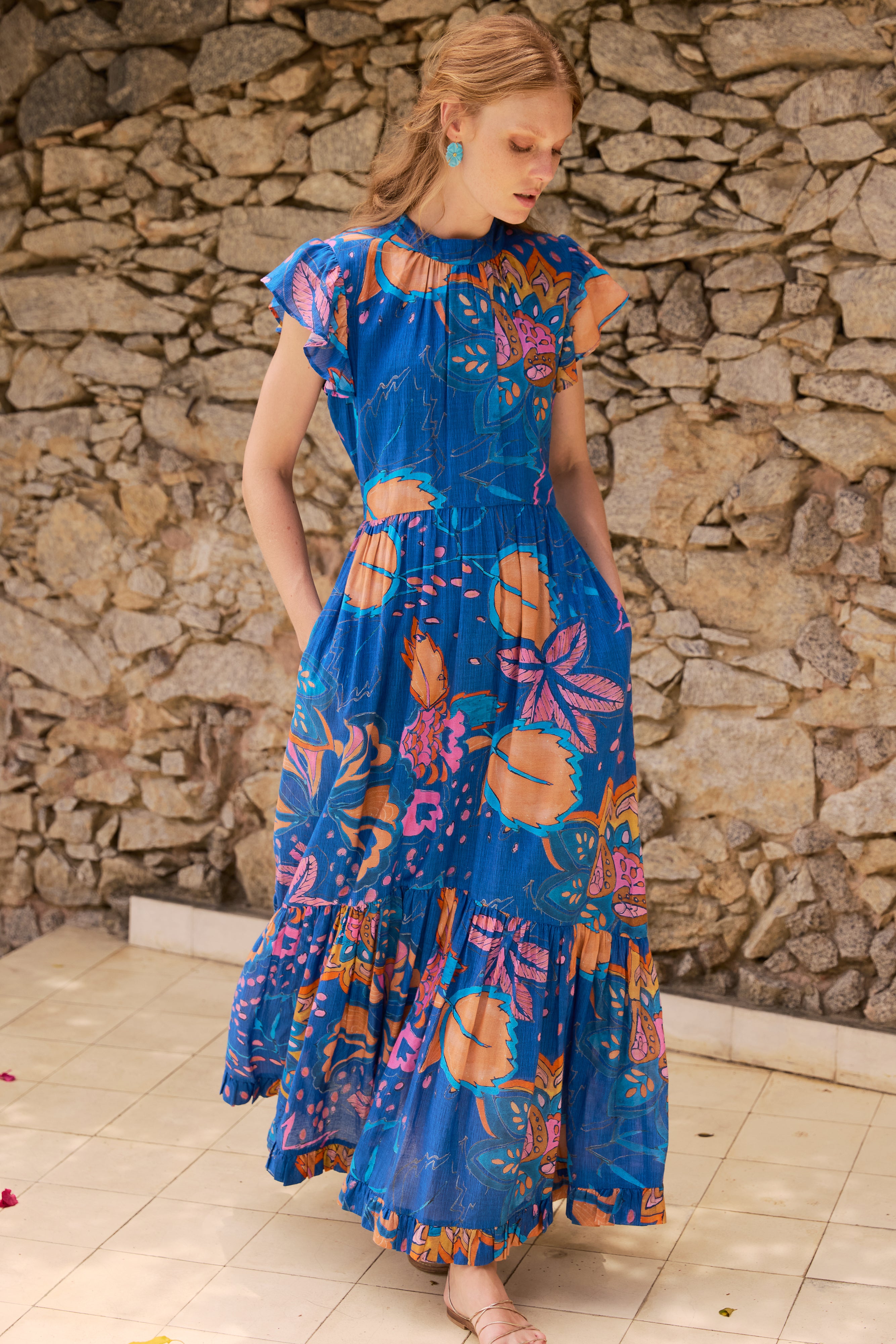 Mock Neck Flutter Maxi- Antico Blue