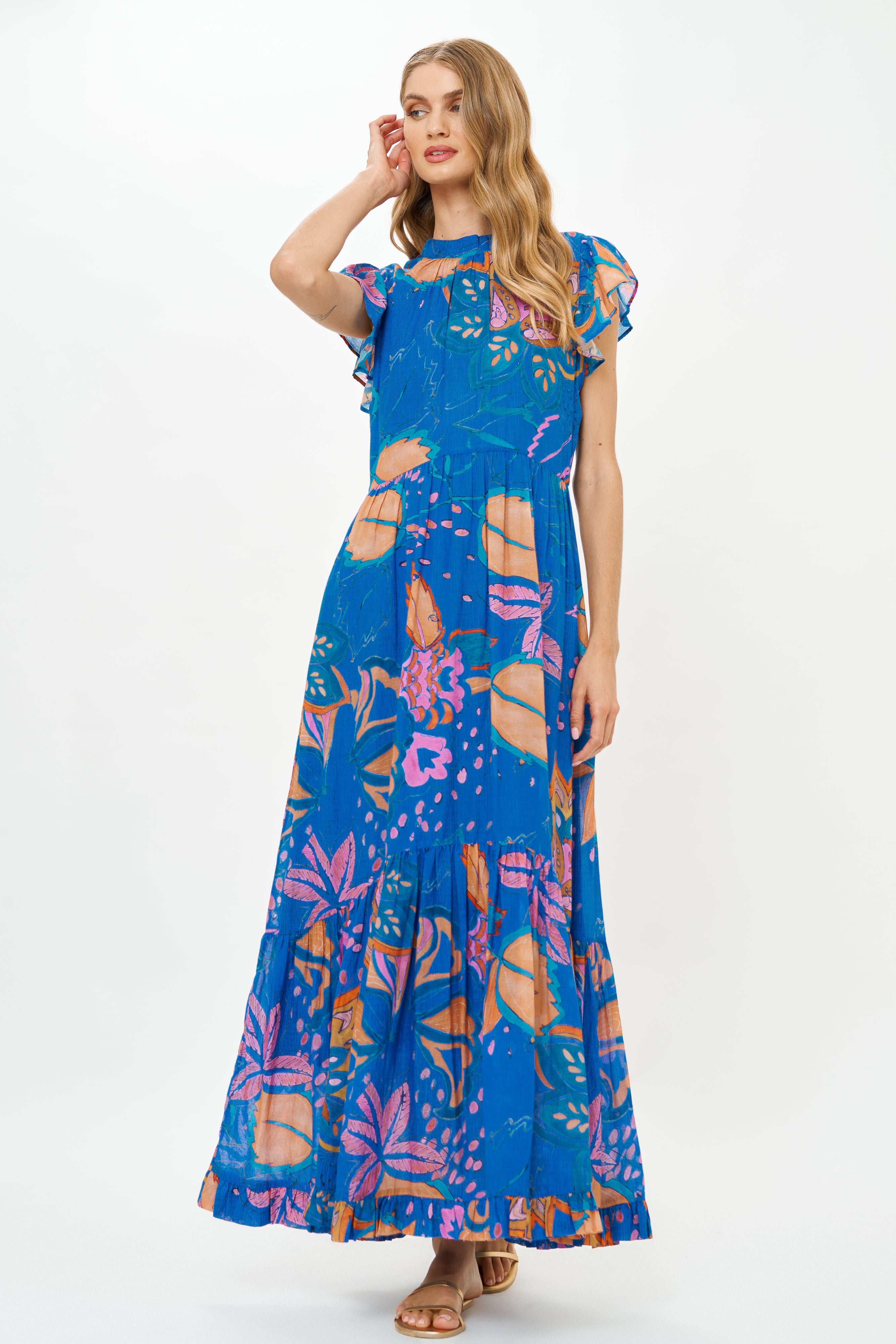 Mock Neck Flutter Maxi- Antico Blue