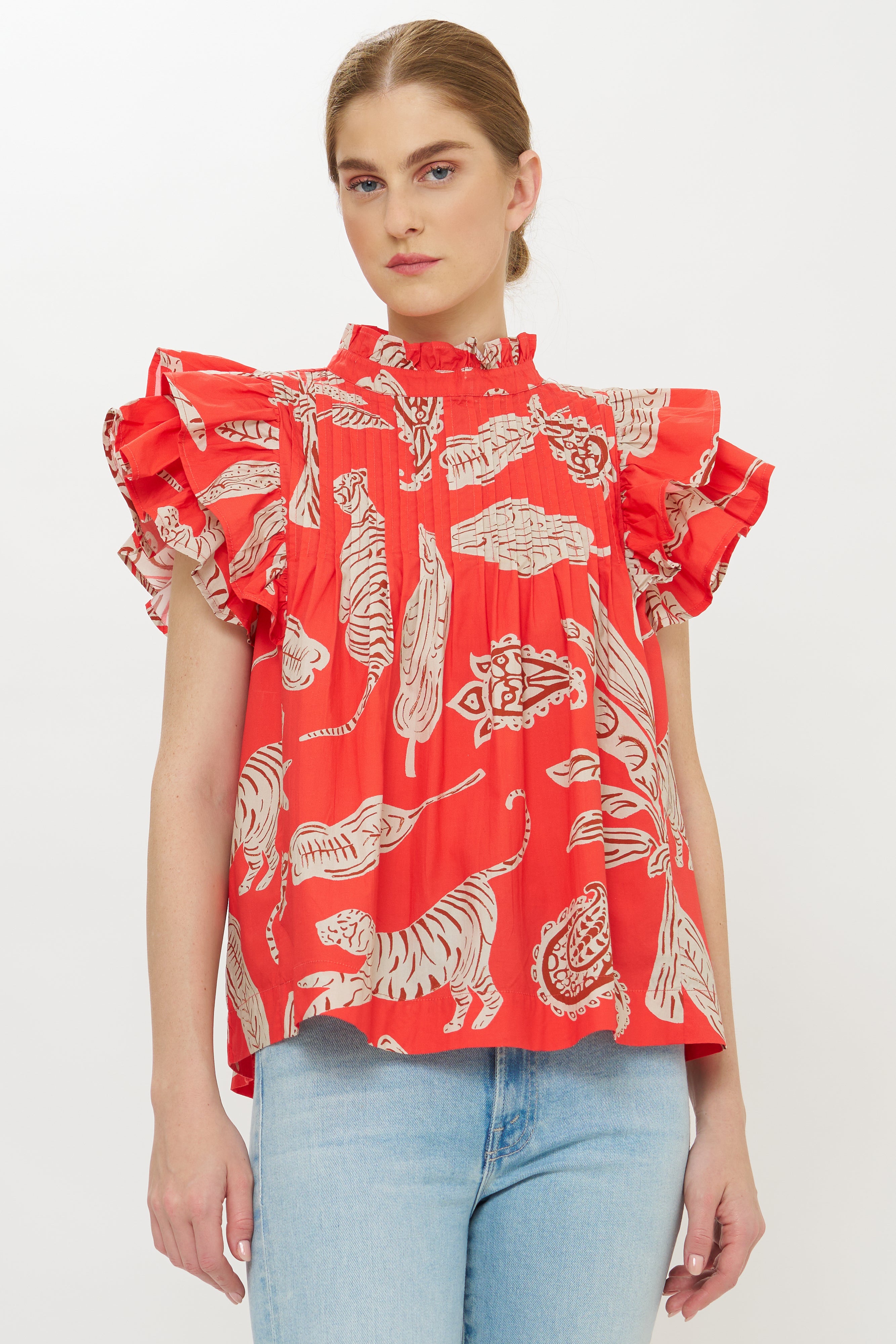Pintuck Ruffle Top- Bengal Brick