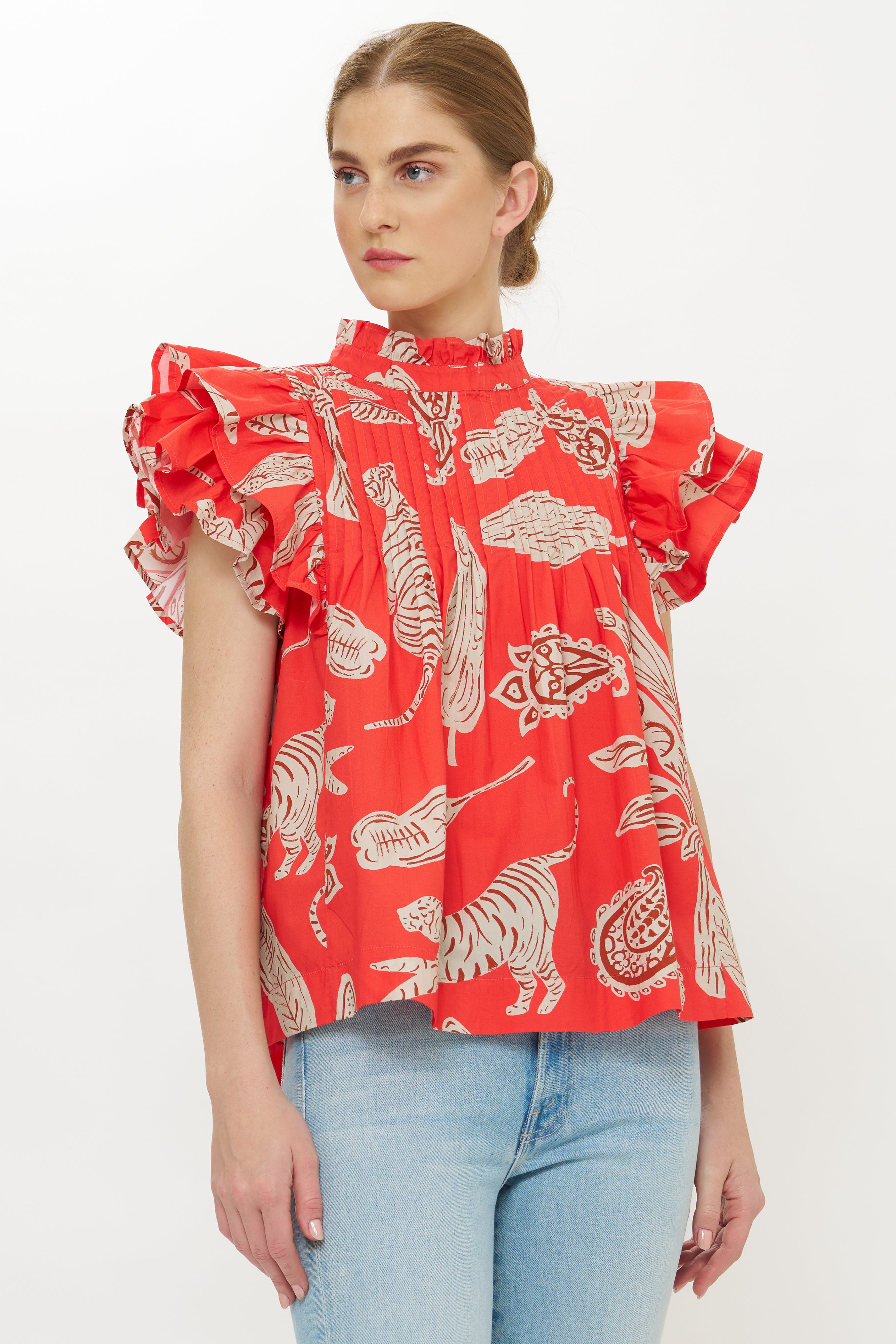 Pintuck Ruffle Top- Bengal Brick