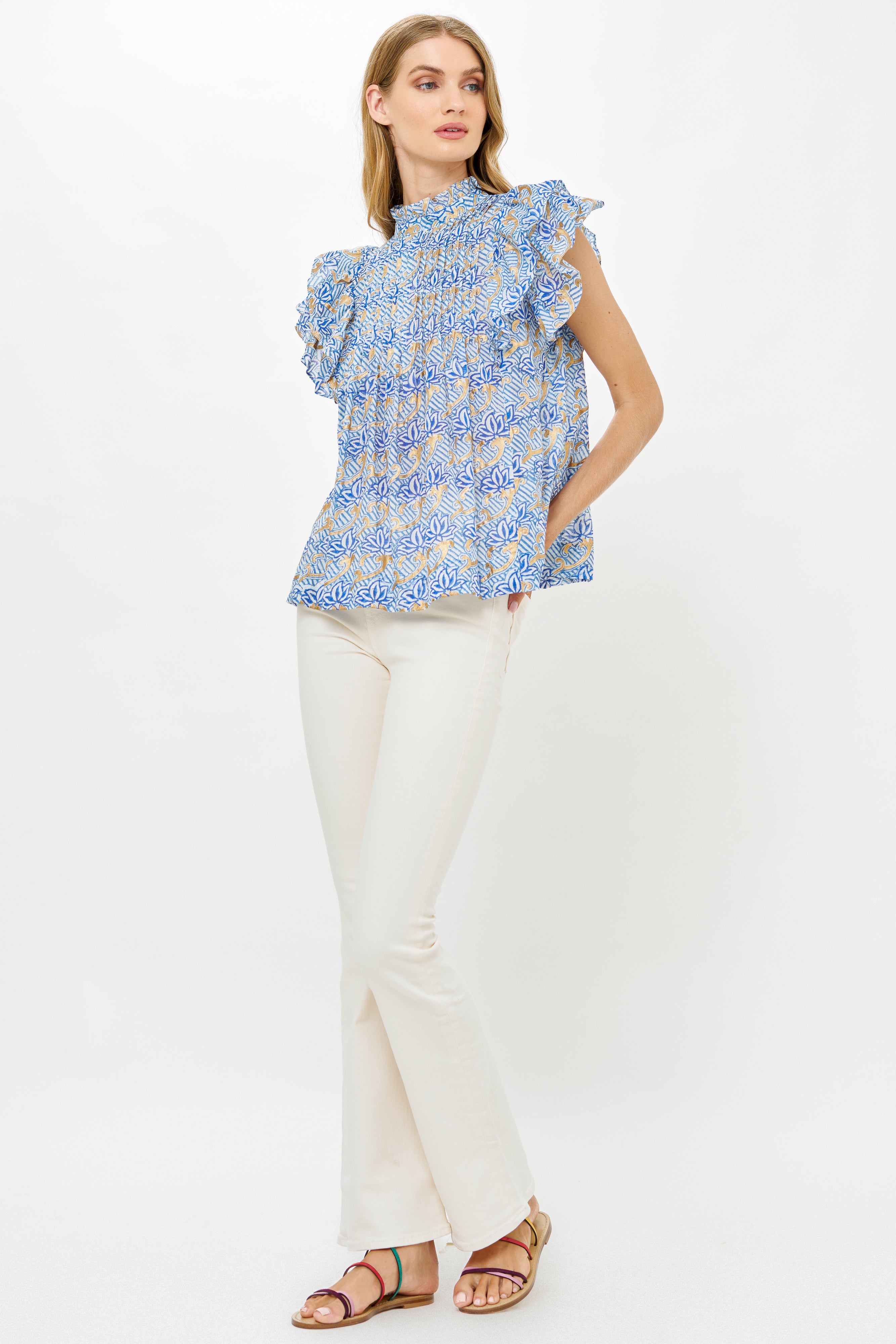 Pintuck Ruffle Top- Florence Blue