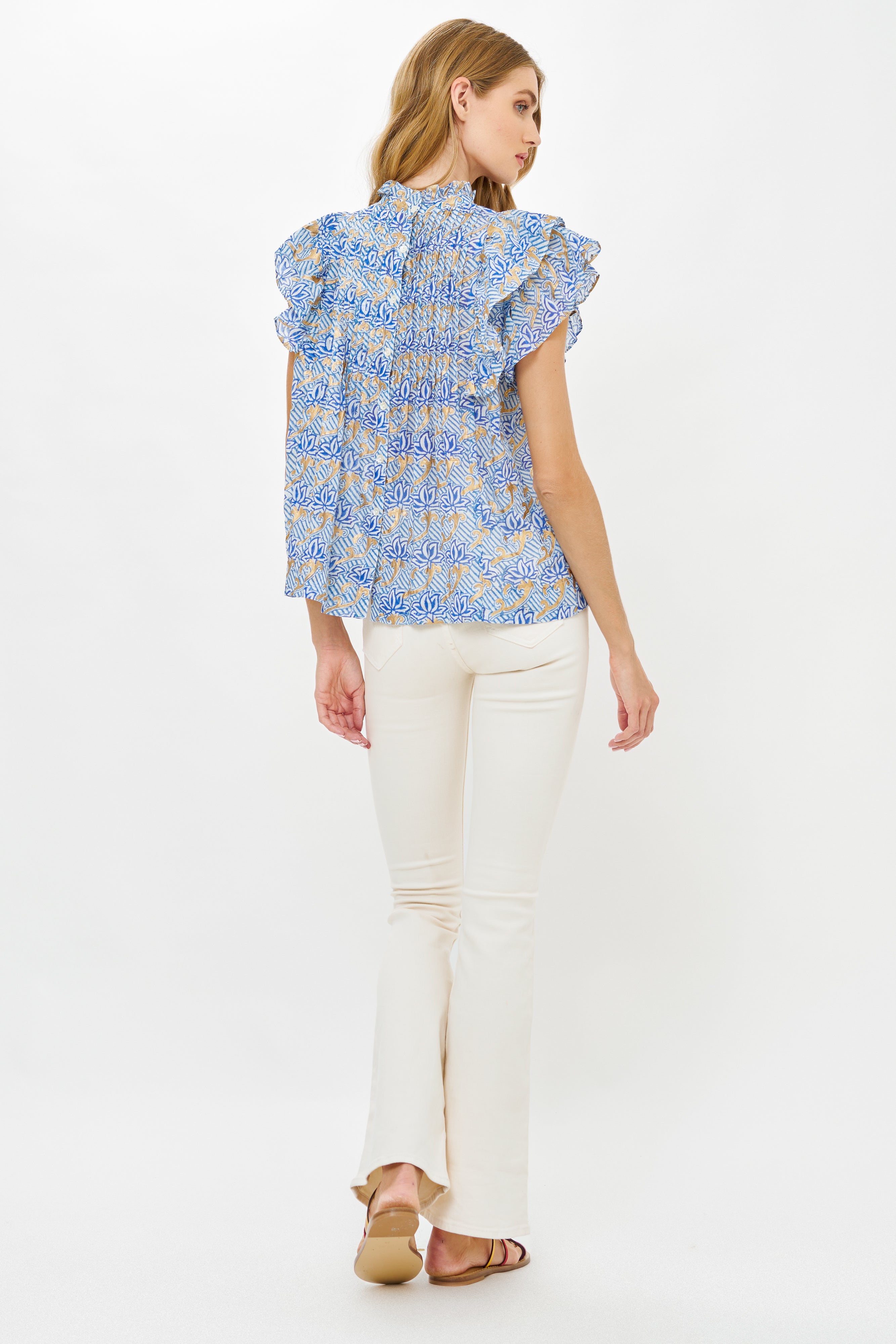 Pintuck Ruffle Top- Florence Blue