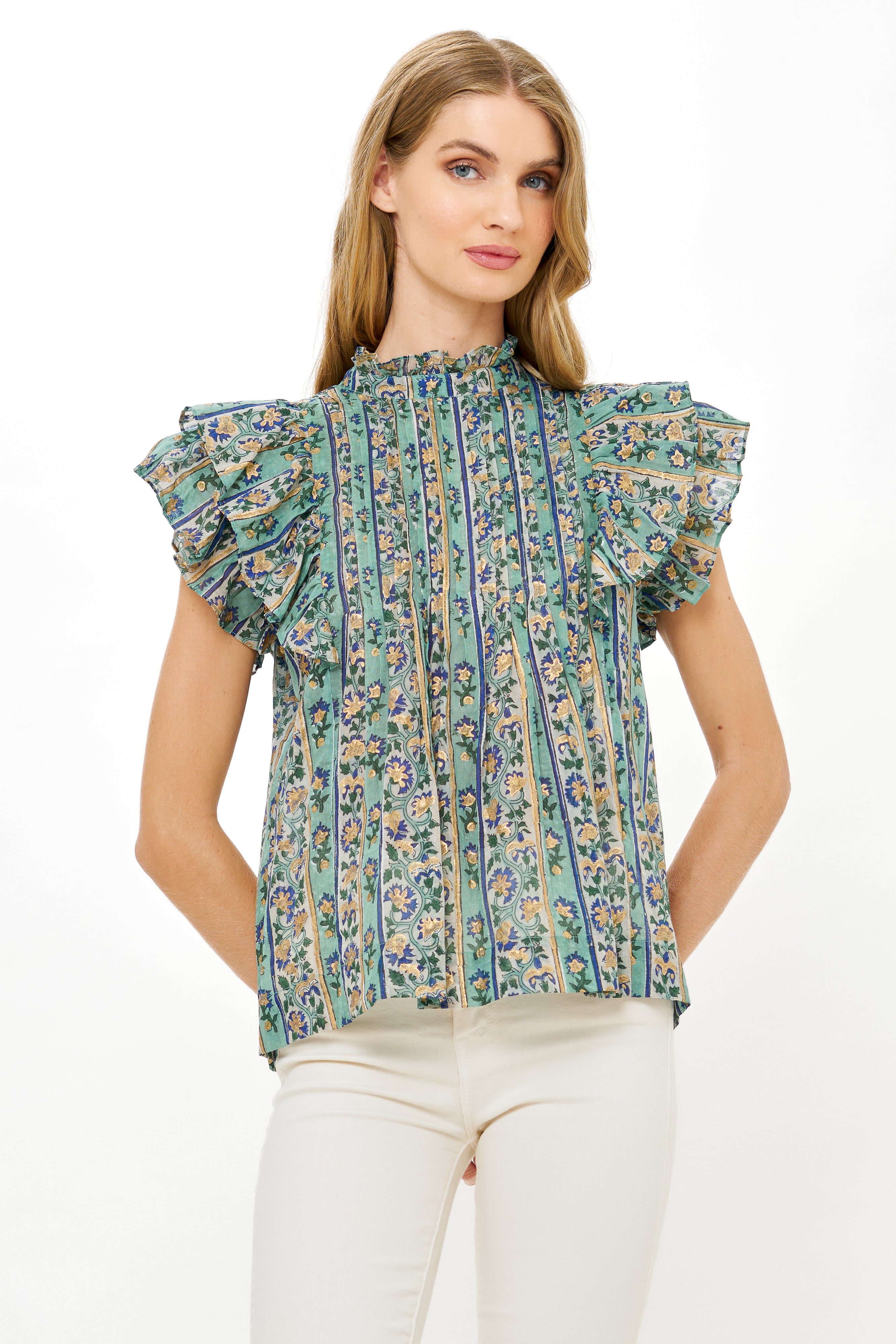 Pintuck Ruffle Top- Taj Aqua