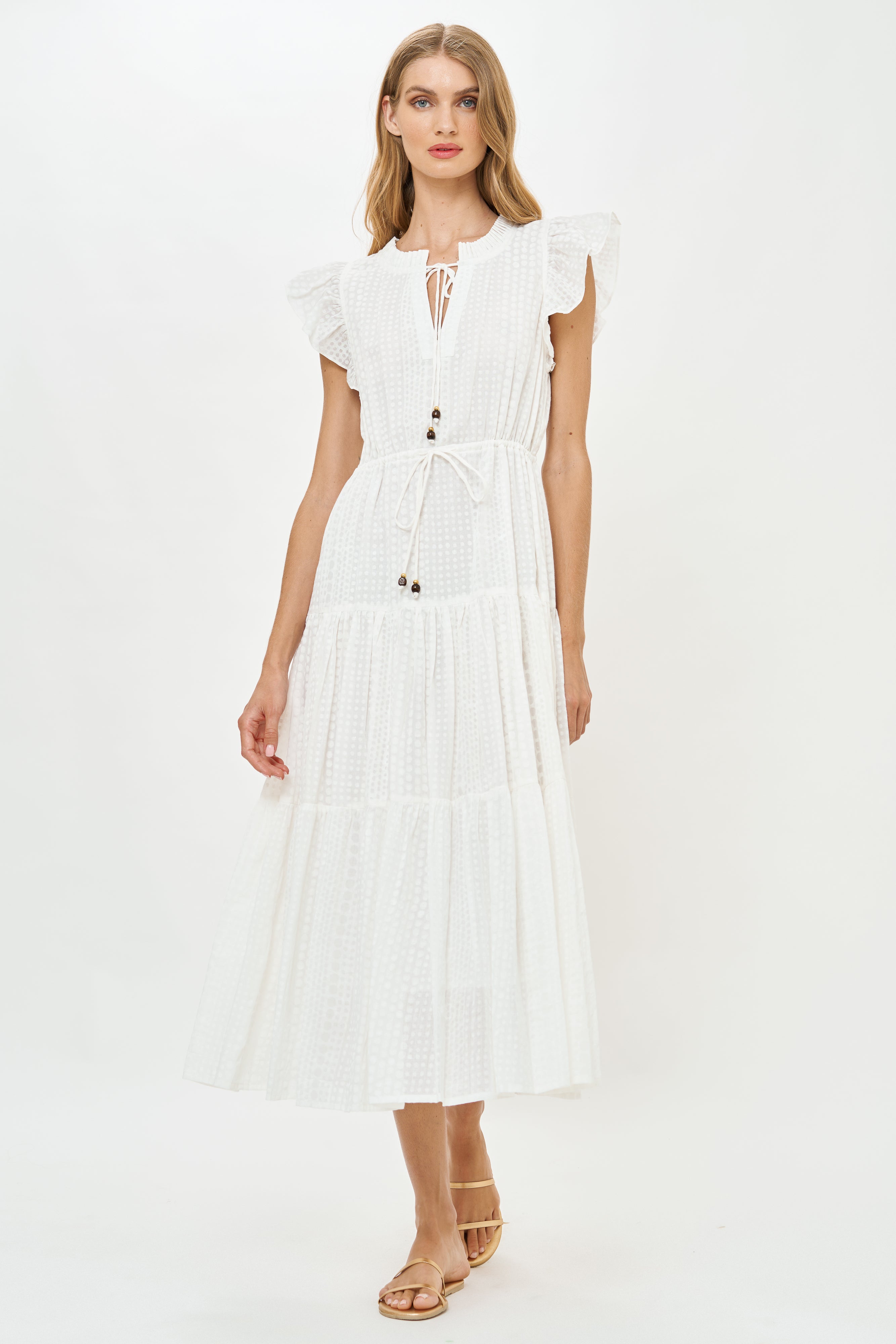 Cinched Flirty Midi- Domino White