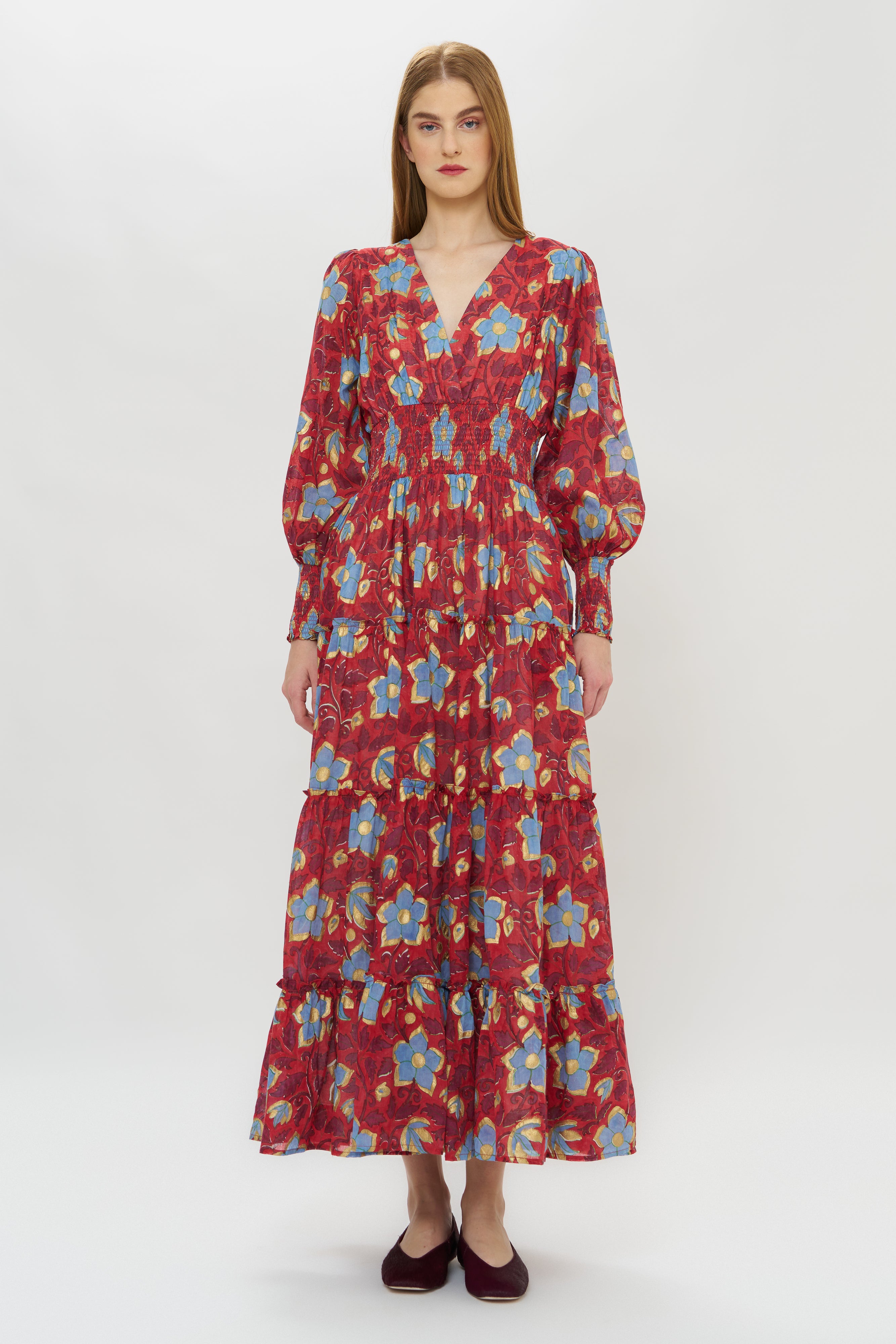 V-Neck Smocked Waist Midi- Kildare Red