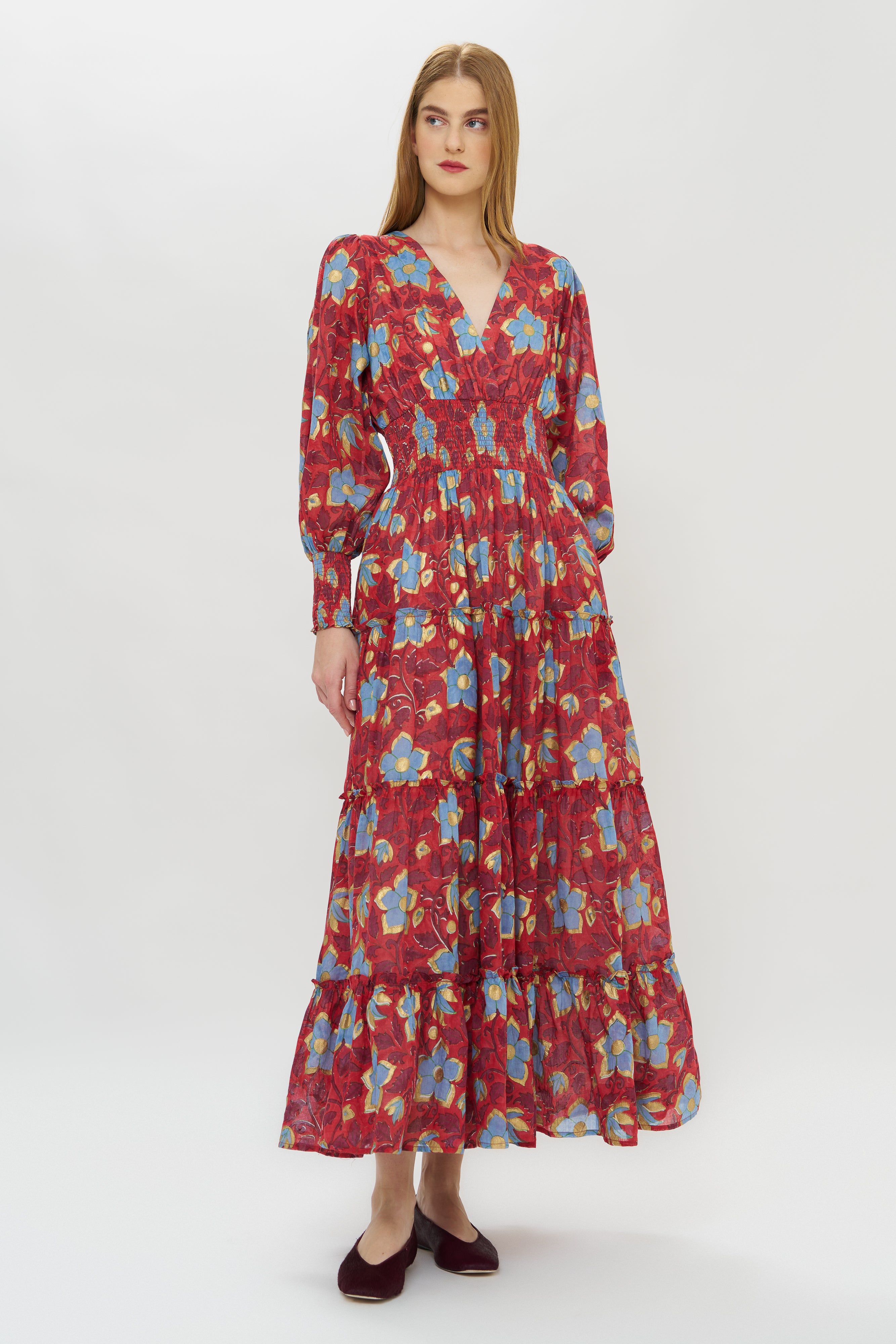 V-Neck Smocked Waist Midi- Kildare Red