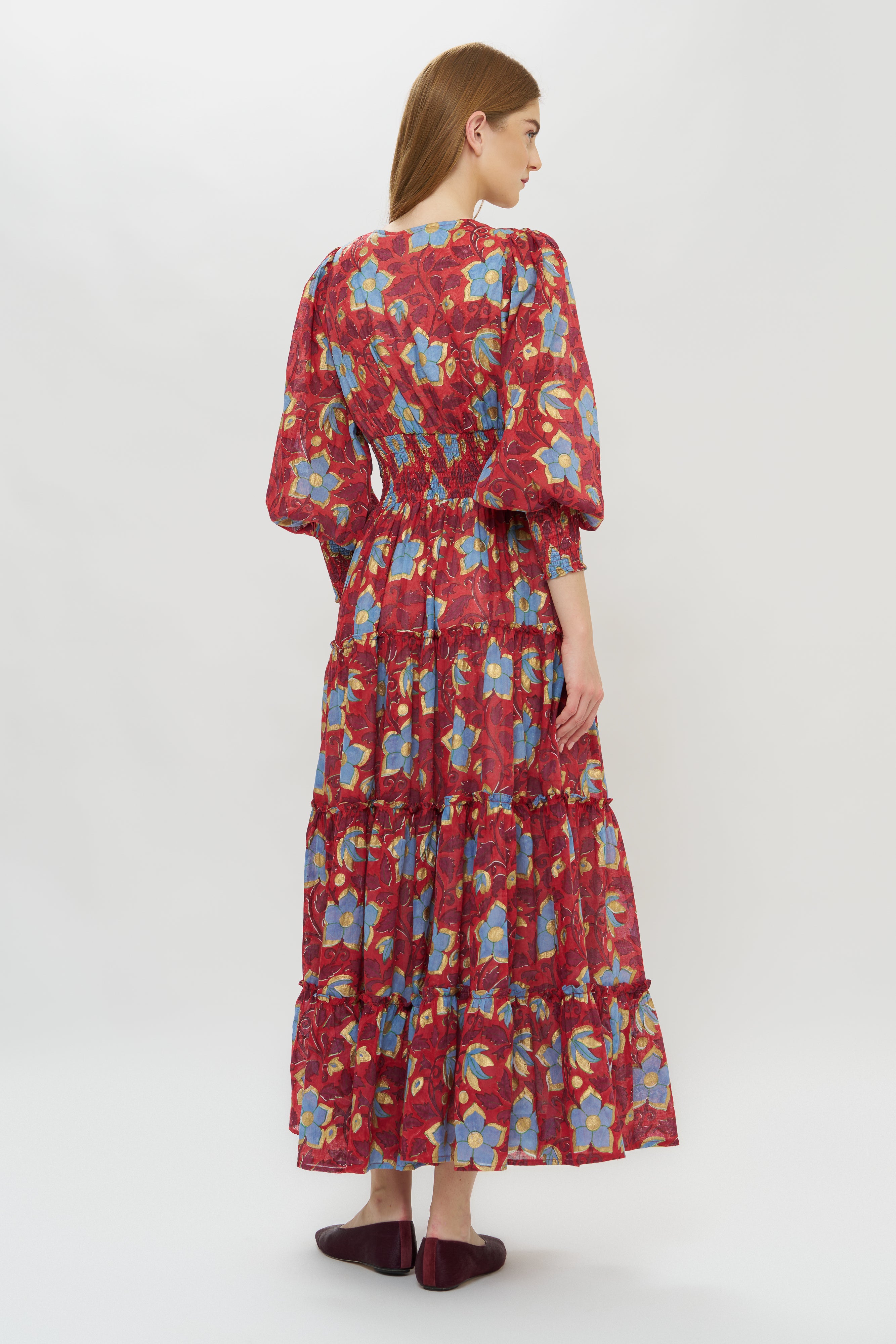 V-Neck Smocked Waist Midi- Kildare Red
