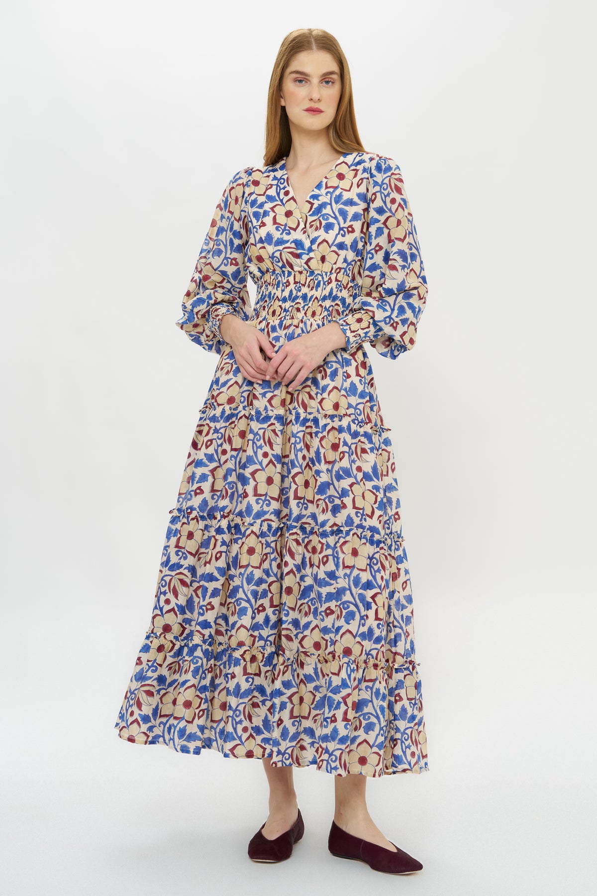 V-Neck Smocked Waist Midi- Kildare Blue