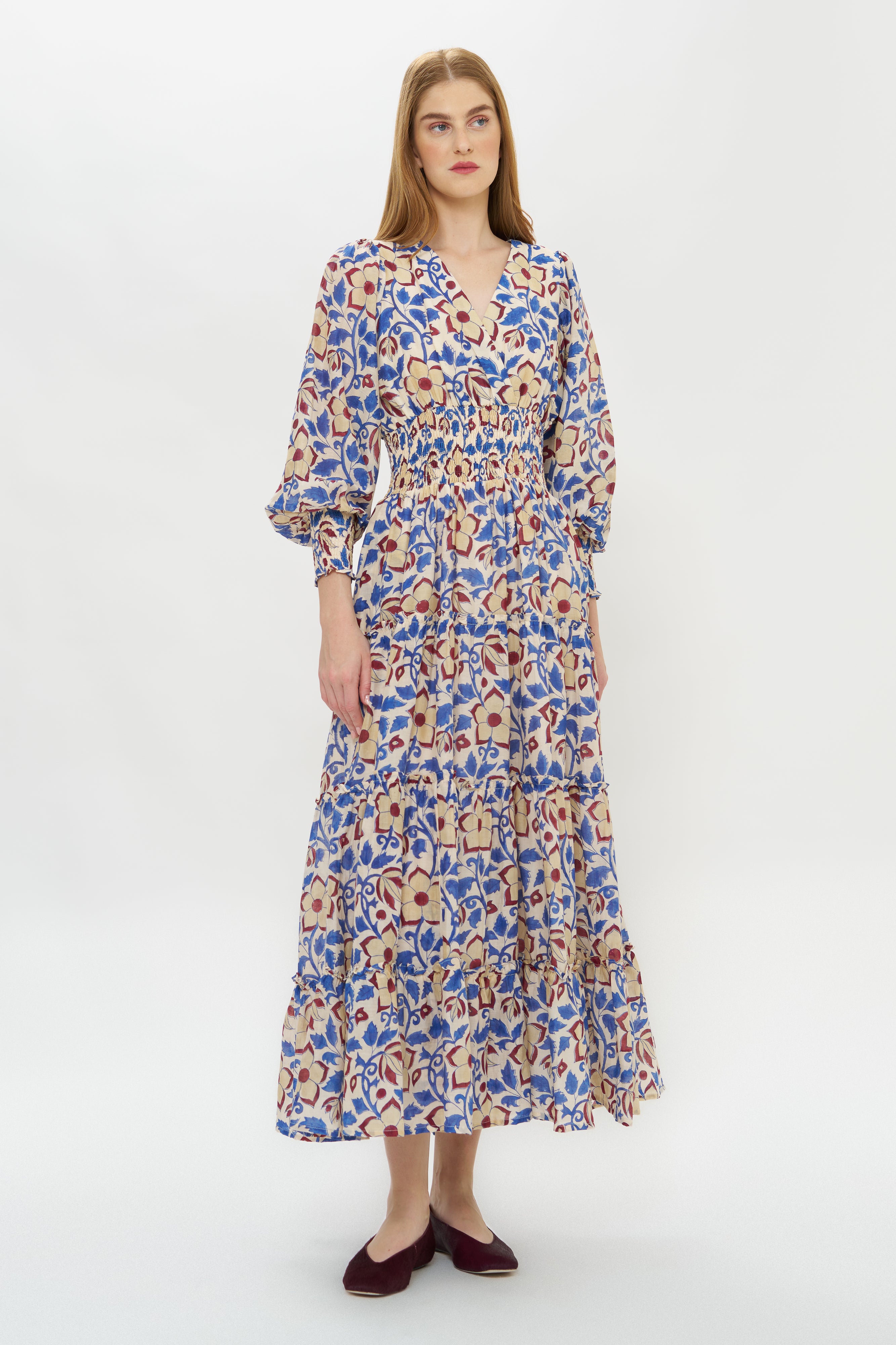 V-Neck Smocked Waist Midi- Kildare Blue