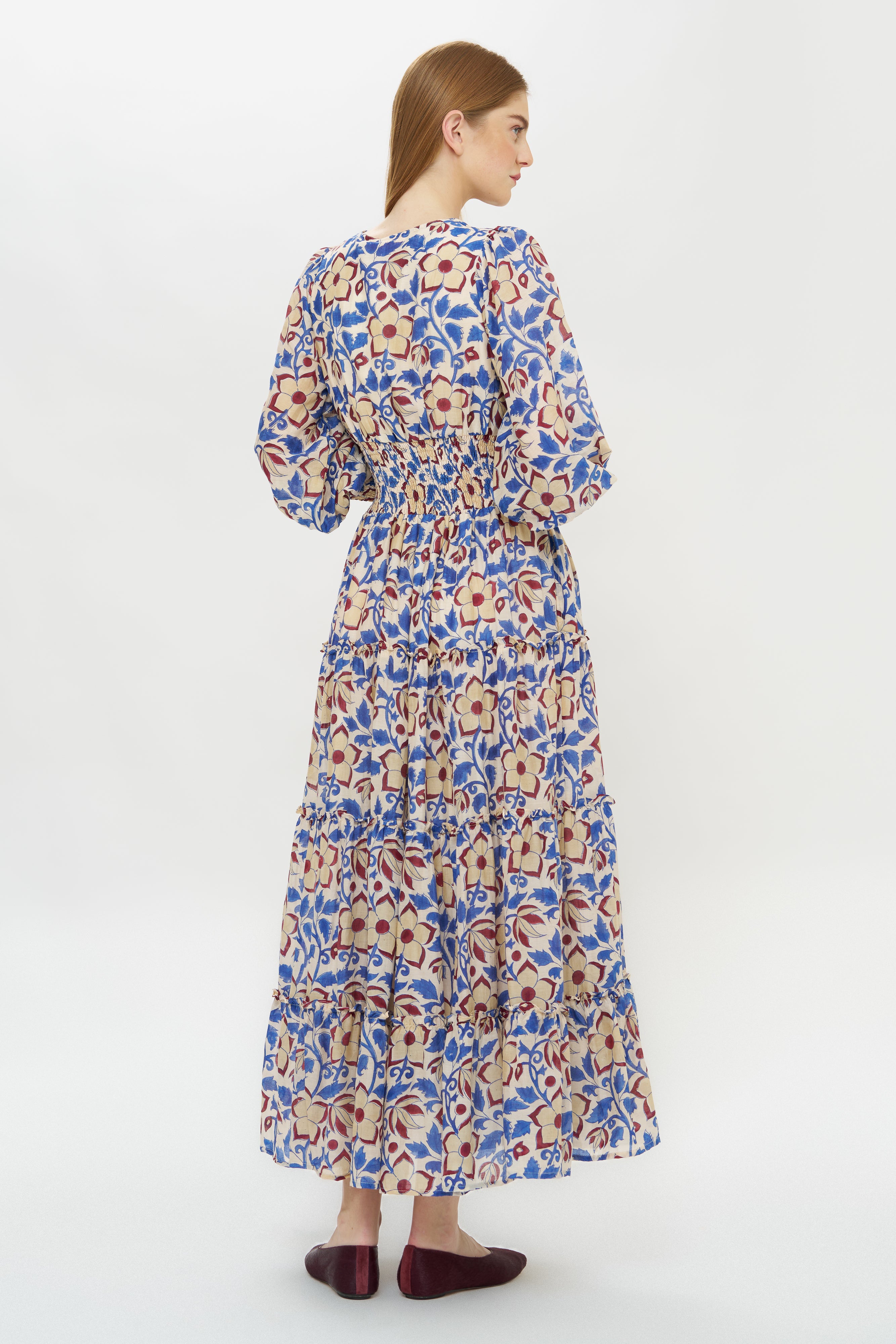 V-Neck Smocked Waist Midi- Kildare Blue