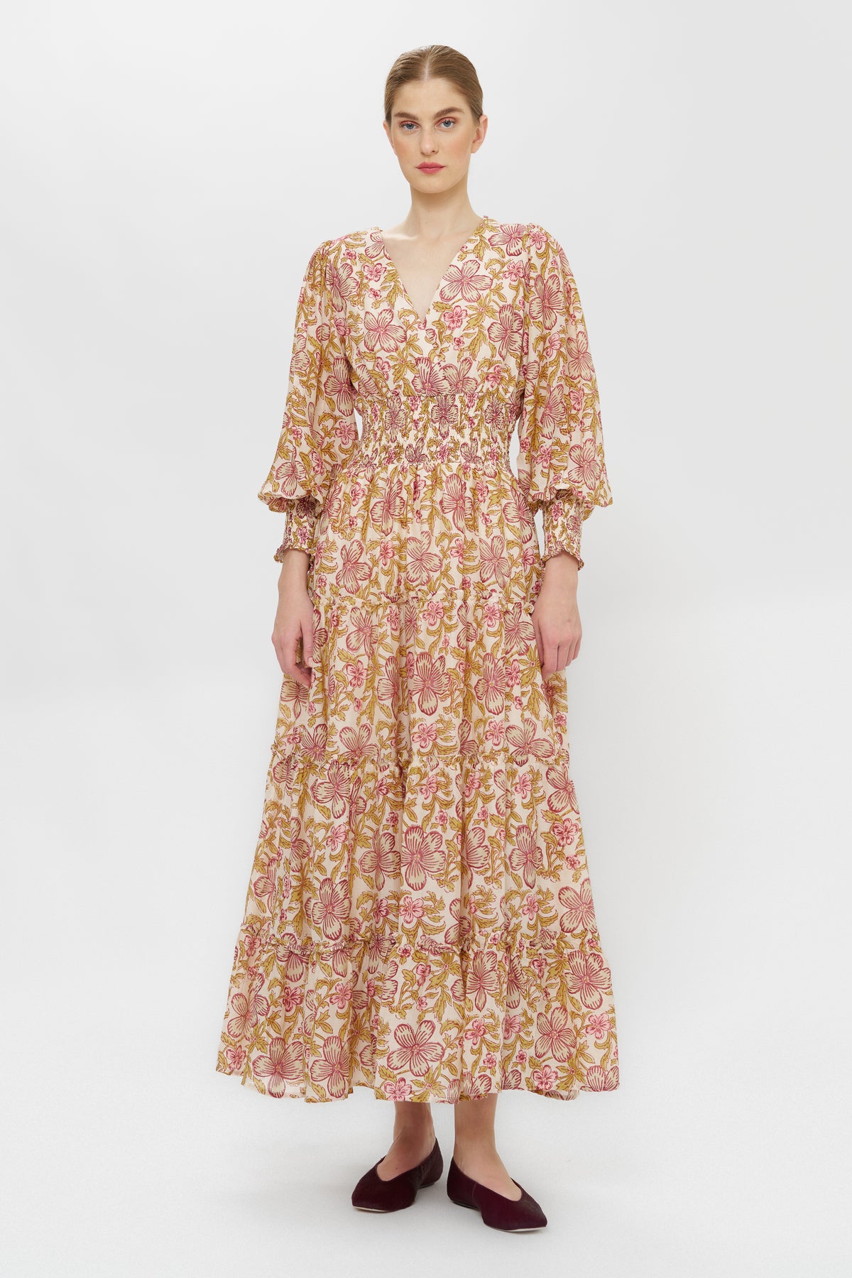 V-Neck Smocked Waist Midi- Linz Plum