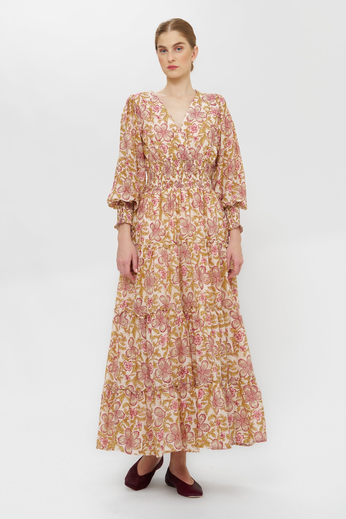 V-Neck Smocked Waist Midi- Linz Plum