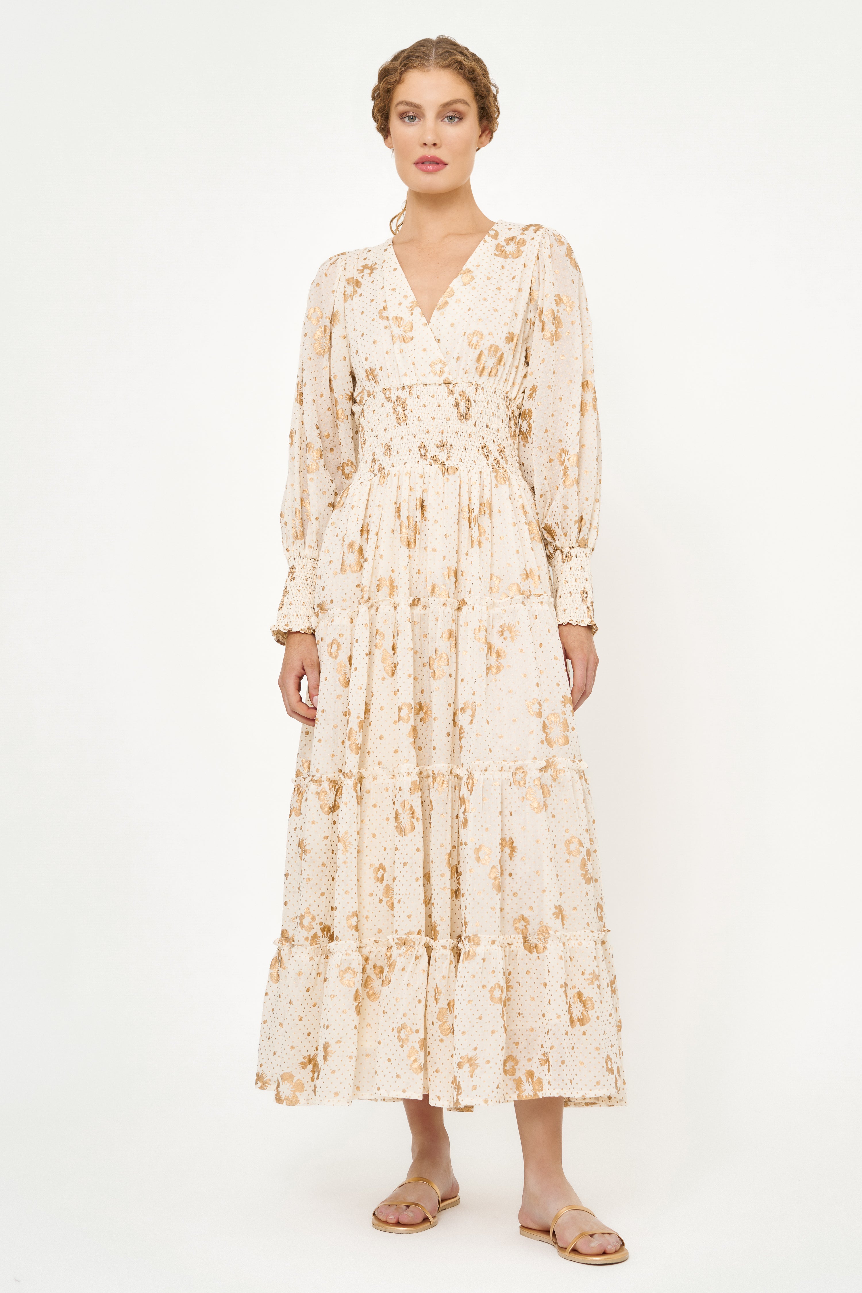 V-Neck Smocked Waist Midi- Carlin Cream Gold