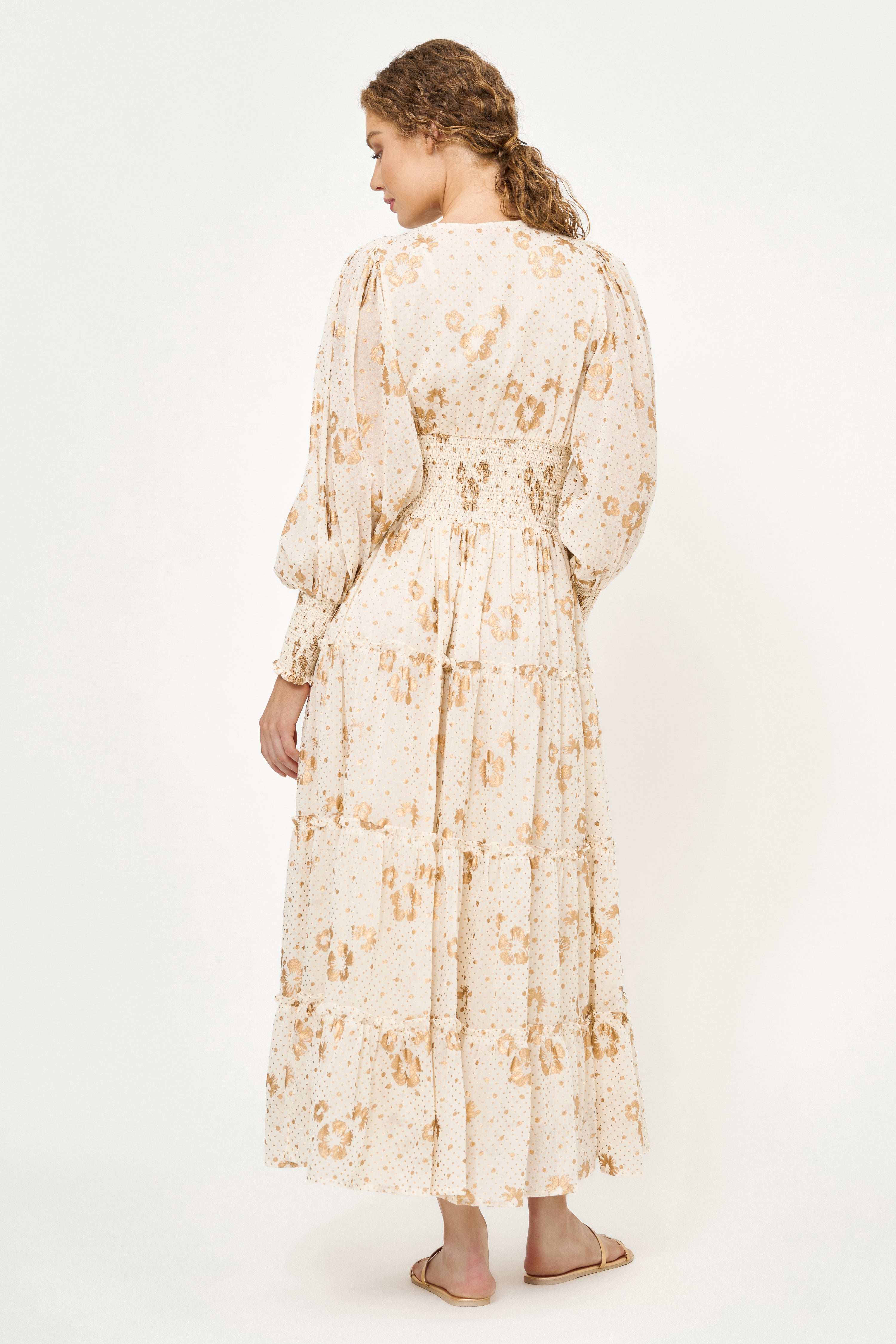 V-Neck Smocked Waist Midi- Carlin Cream Gold