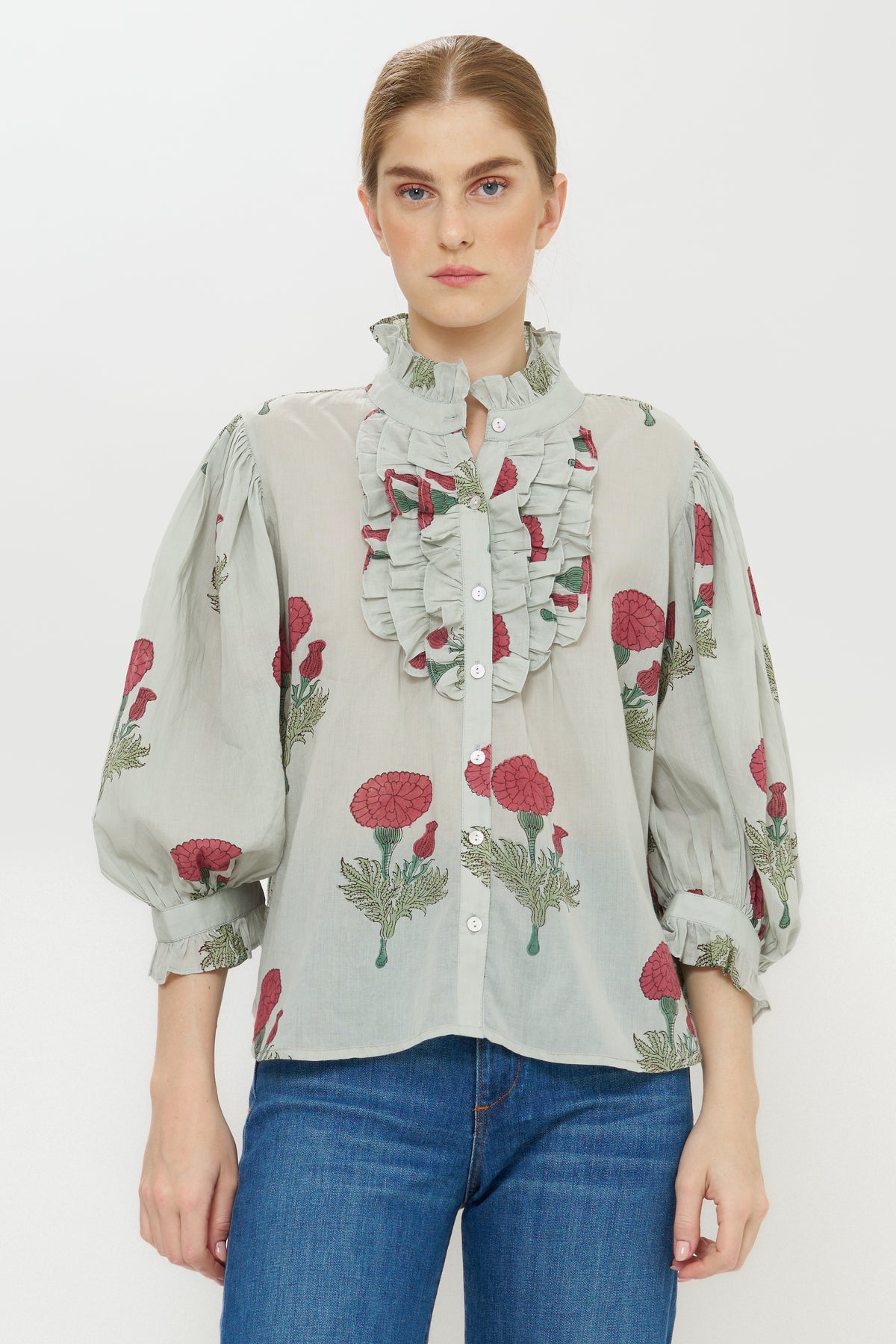 Ruffle Front Button Blouse- Bloom Rhubarb