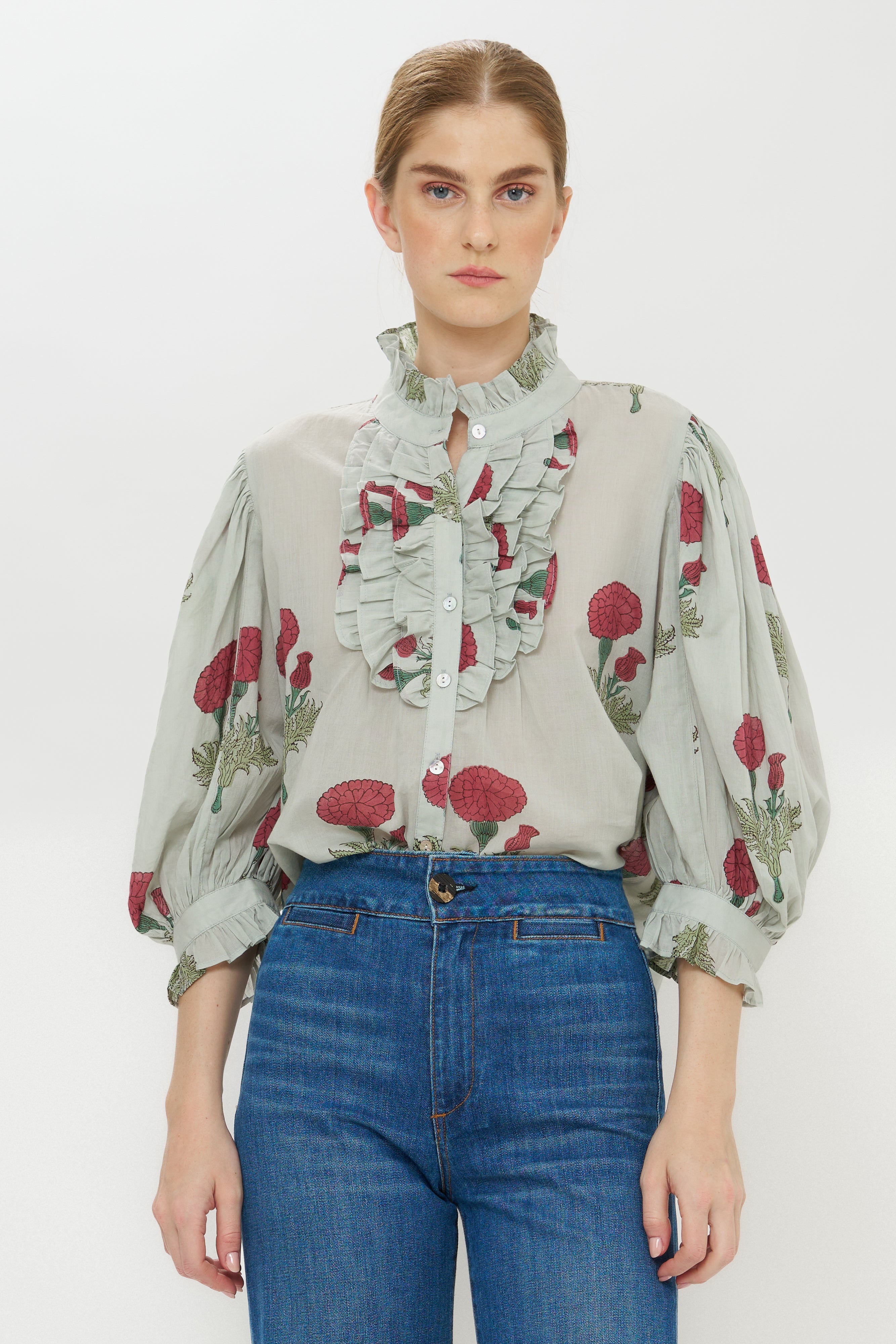 Ruffle Front Button Blouse- Bloom Rhubarb