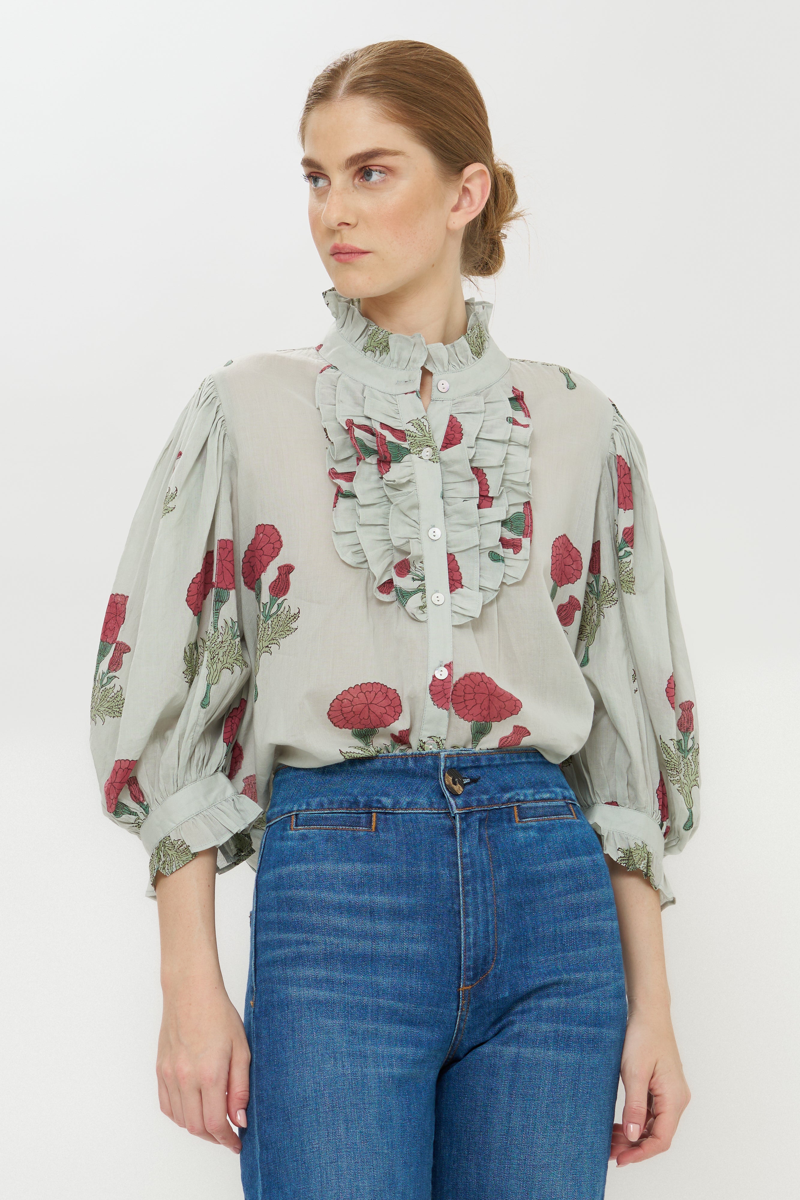 Ruffle Front Button Blouse- Bloom Rhubarb