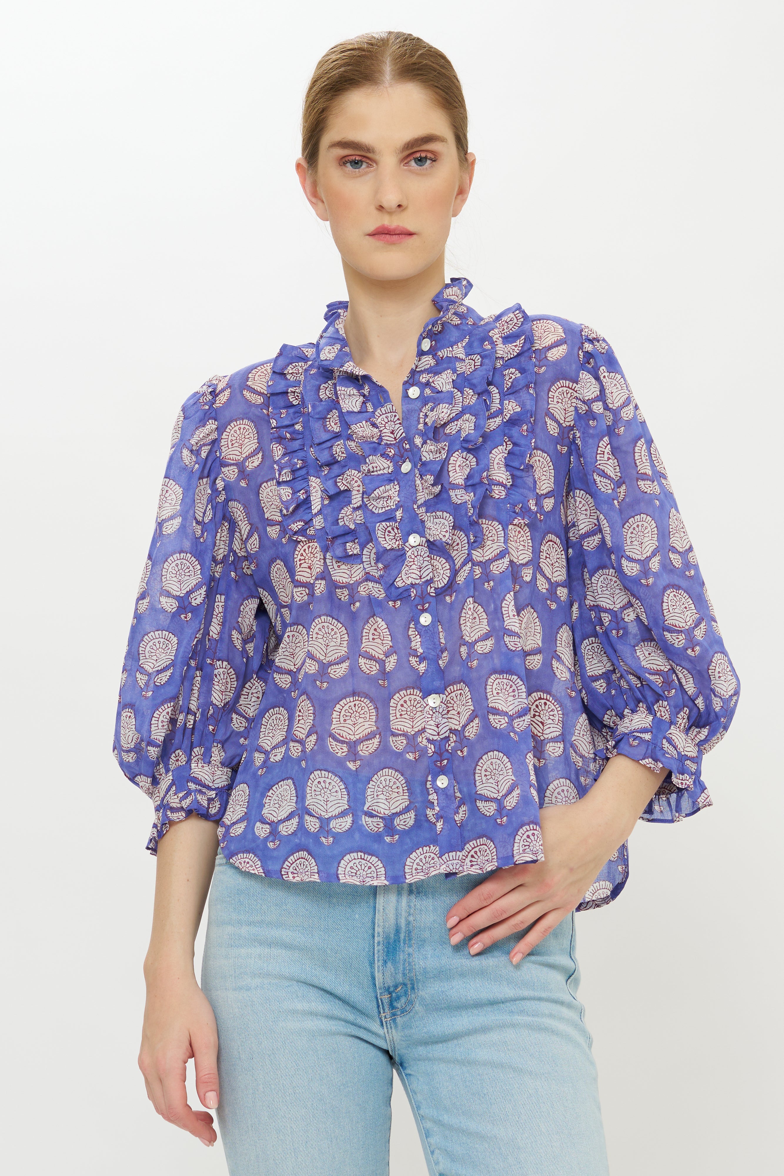 Ruffle Front Button Blouse- Trento Cobalt
