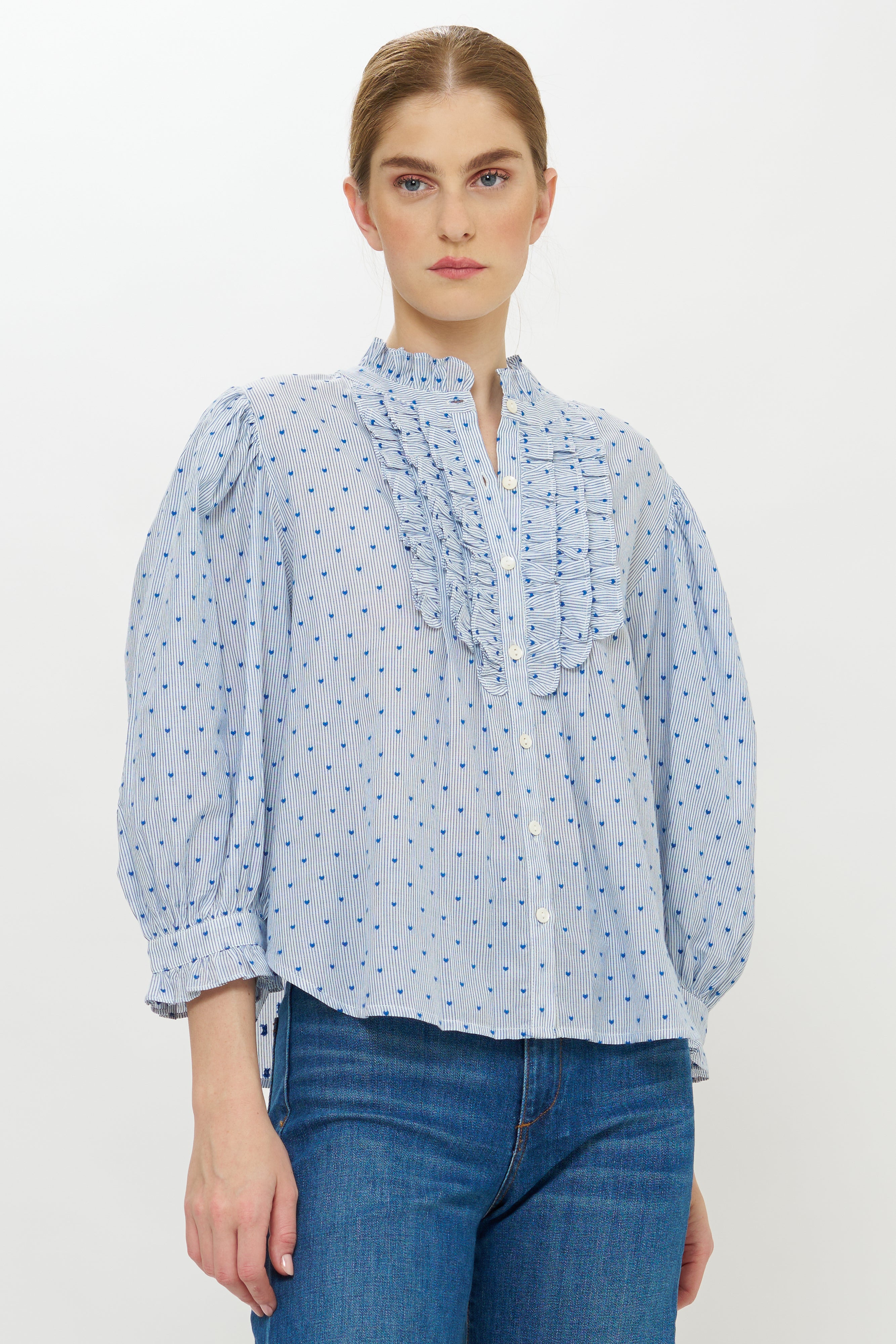 Ruffle Front Button Blouse- Lyon Blue